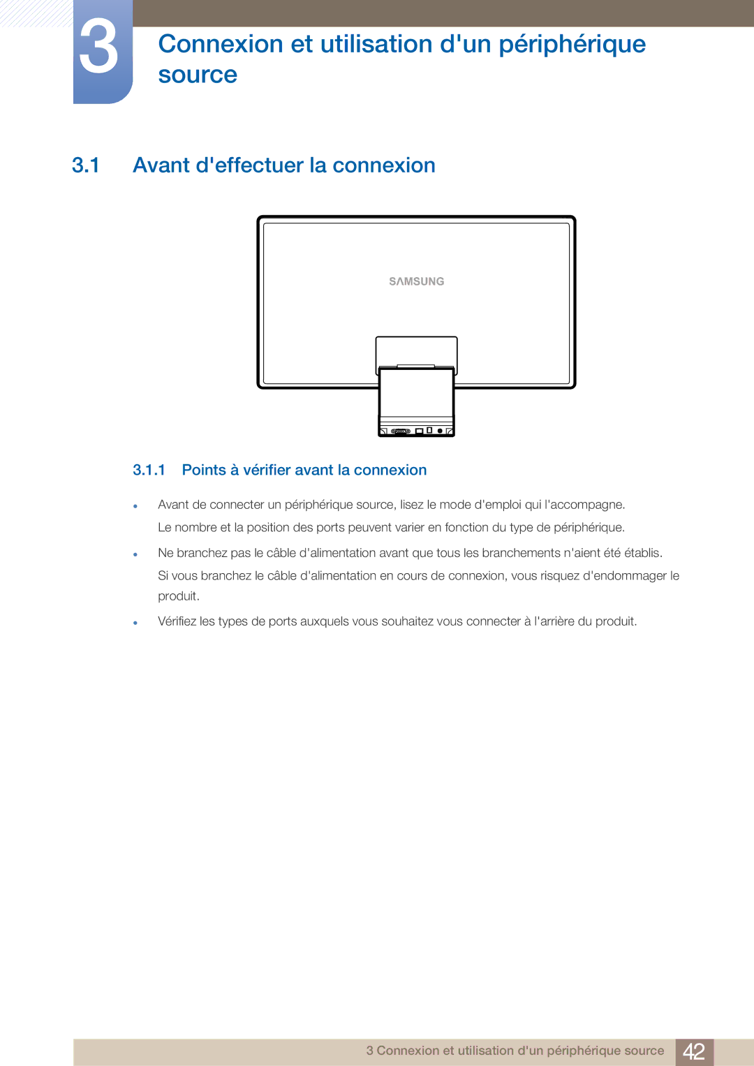 Samsung LC23A750XS/EN, LC27A750XS/EN manual Connexionsource et utilisation dun périphérique, Avant deffectuer la connexion 