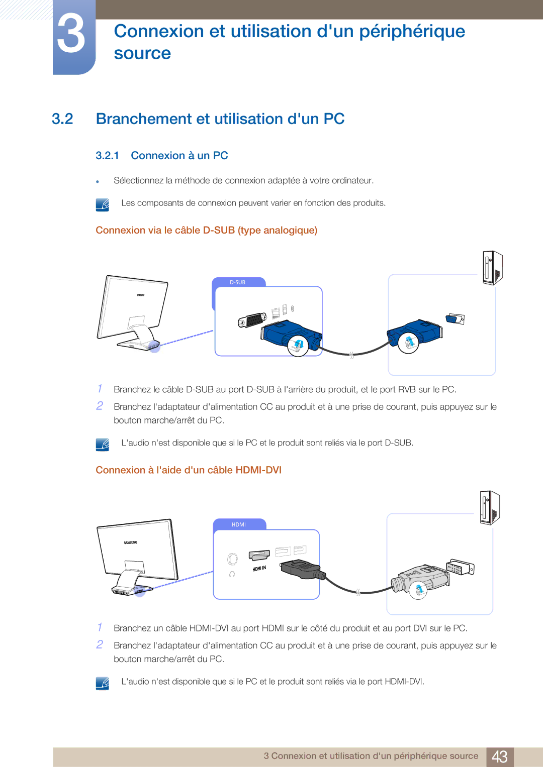 Samsung LC27A750XS/EN Branchement et utilisation dun PC, Connexion à un PC, Connexion via le câble D-SUB type analogique 