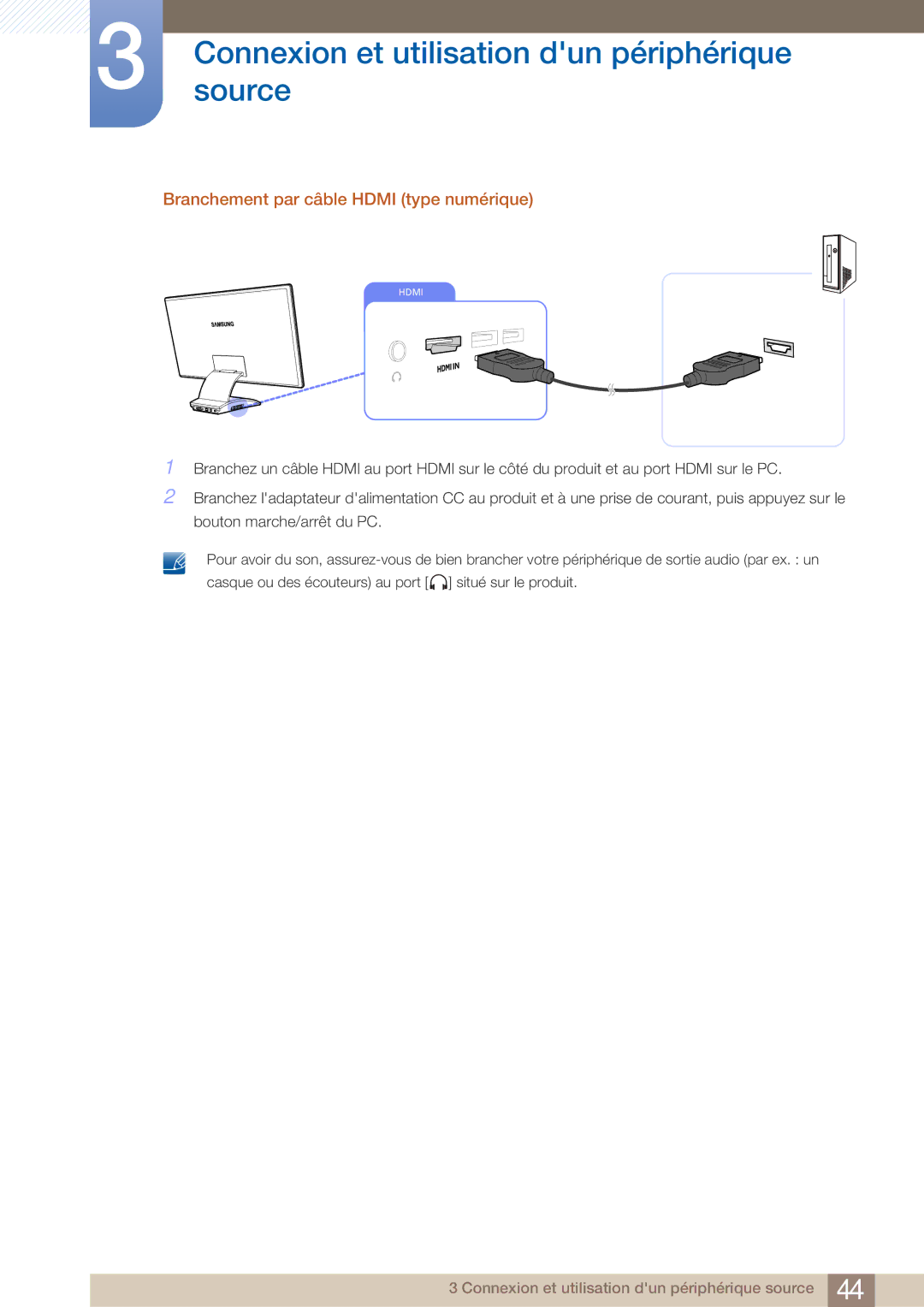 Samsung LC23A750XS/EN, LC27A750XS/EN manual Branchement par câble Hdmi type numérique 