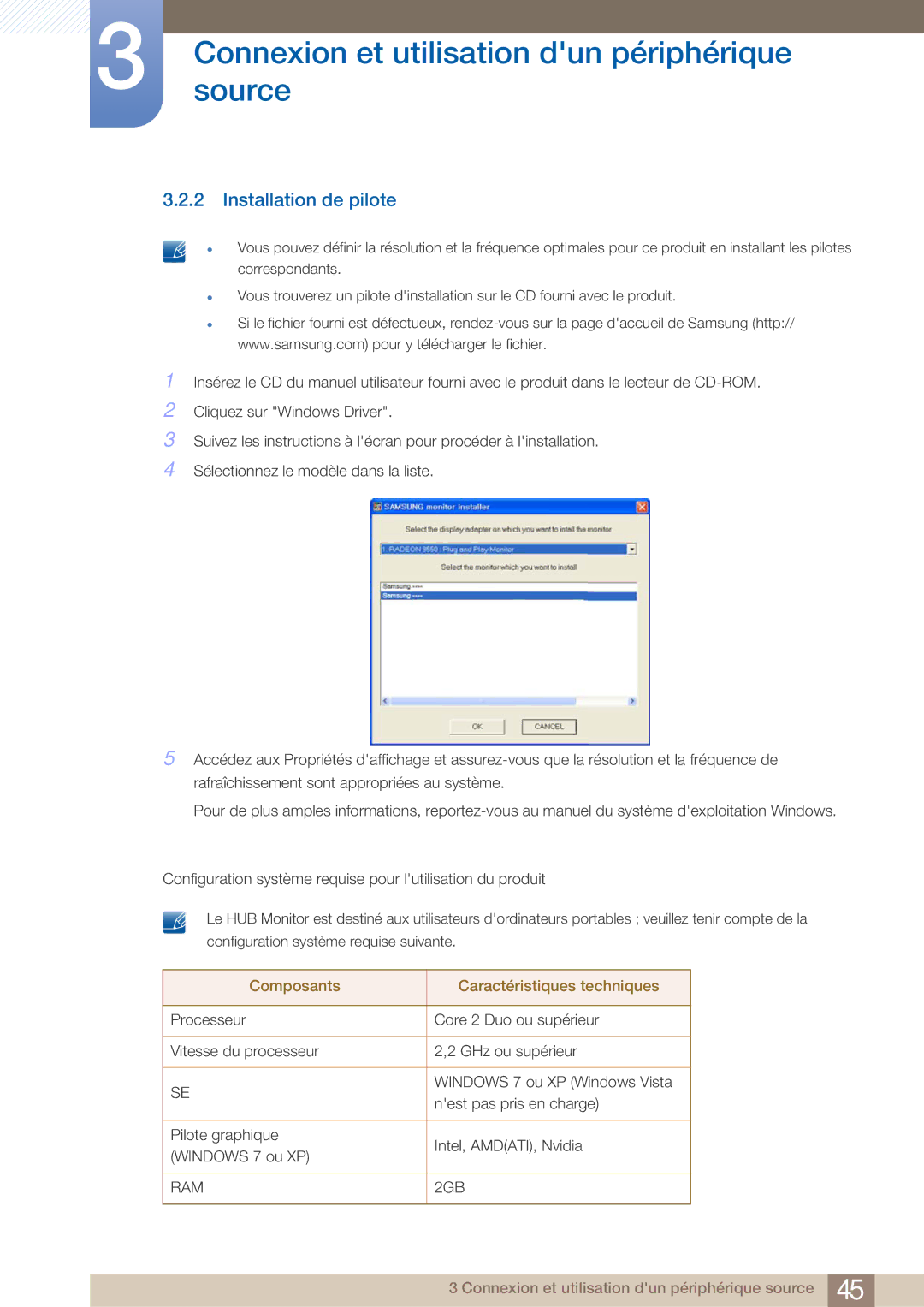 Samsung LC27A750XS/EN, LC23A750XS/EN manual Installation de pilote, Composants Caractéristiques techniques 