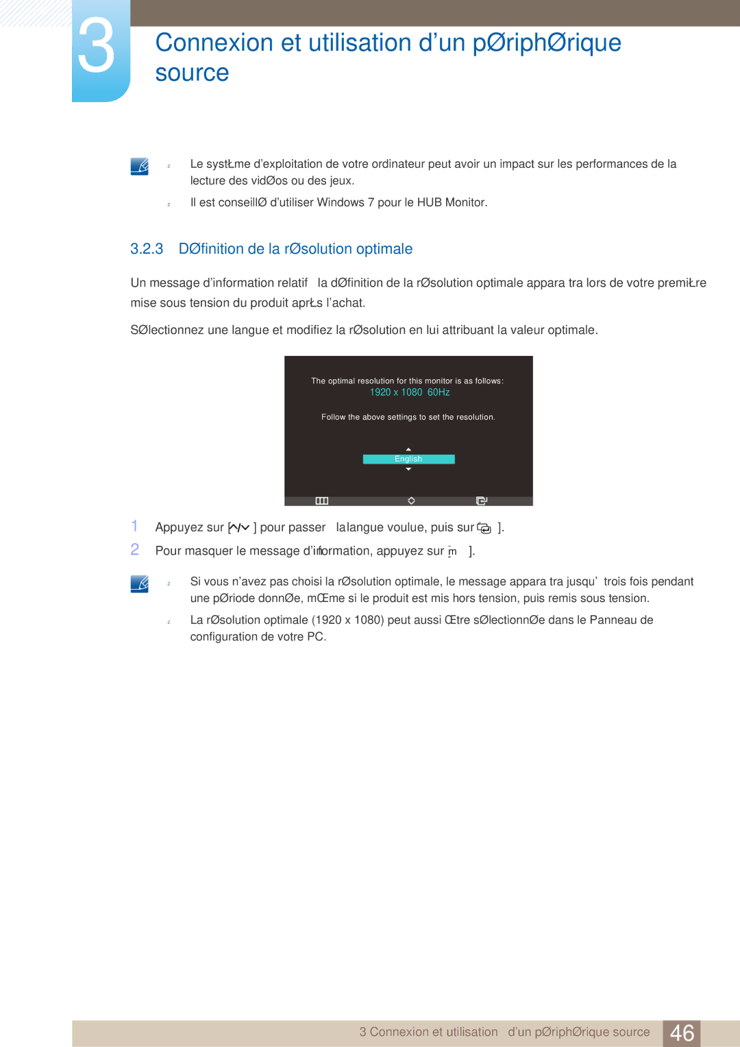 Samsung LC23A750XS/EN, LC27A750XS/EN manual 3 Définition de la résolution optimale 