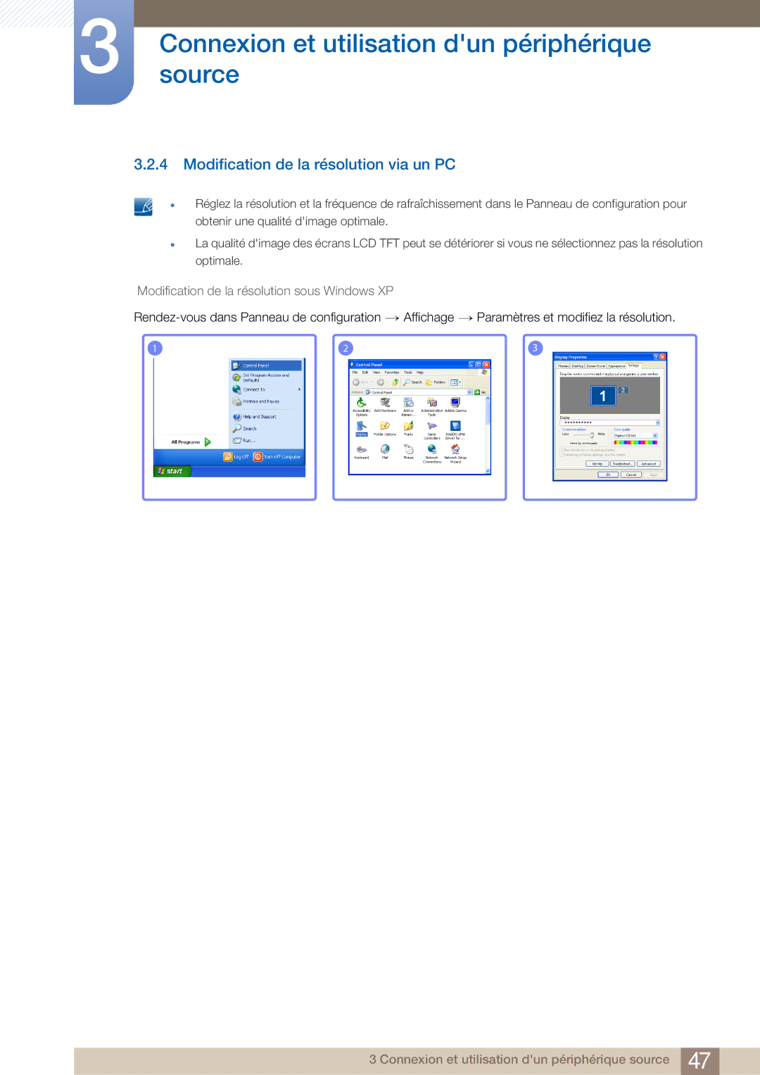 Samsung LC27A750XS/EN manual Modification de la résolution via un PC, Modification de la résolution sous Windows XP 