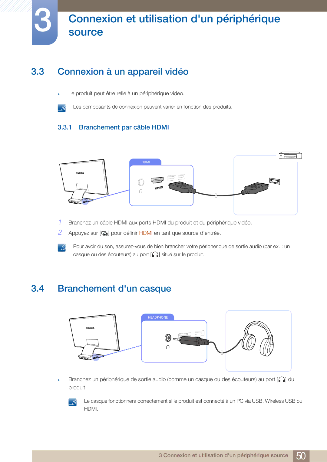 Samsung LC23A750XS/EN, LC27A750XS/EN Connexion à un appareil vidéo, Branchement dun casque, Branchement par câble Hdmi 