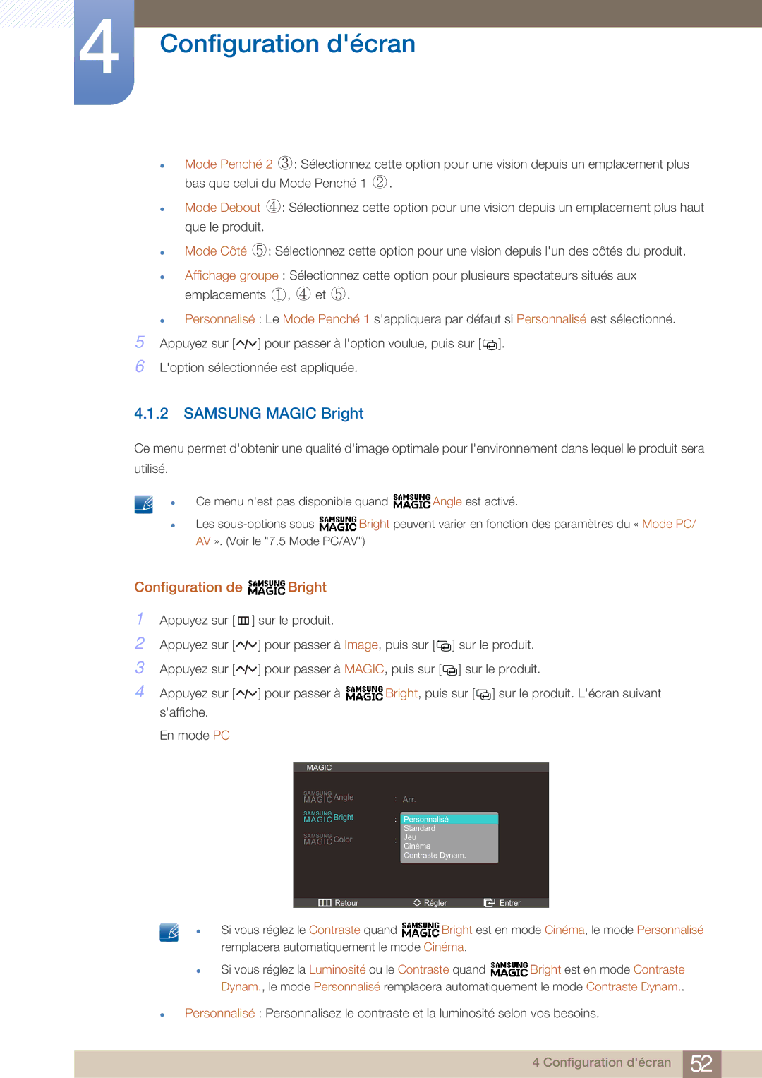 Samsung LC23A750XS/EN, LC27A750XS/EN manual Samsung Magic Bright, Configuration de Bright 