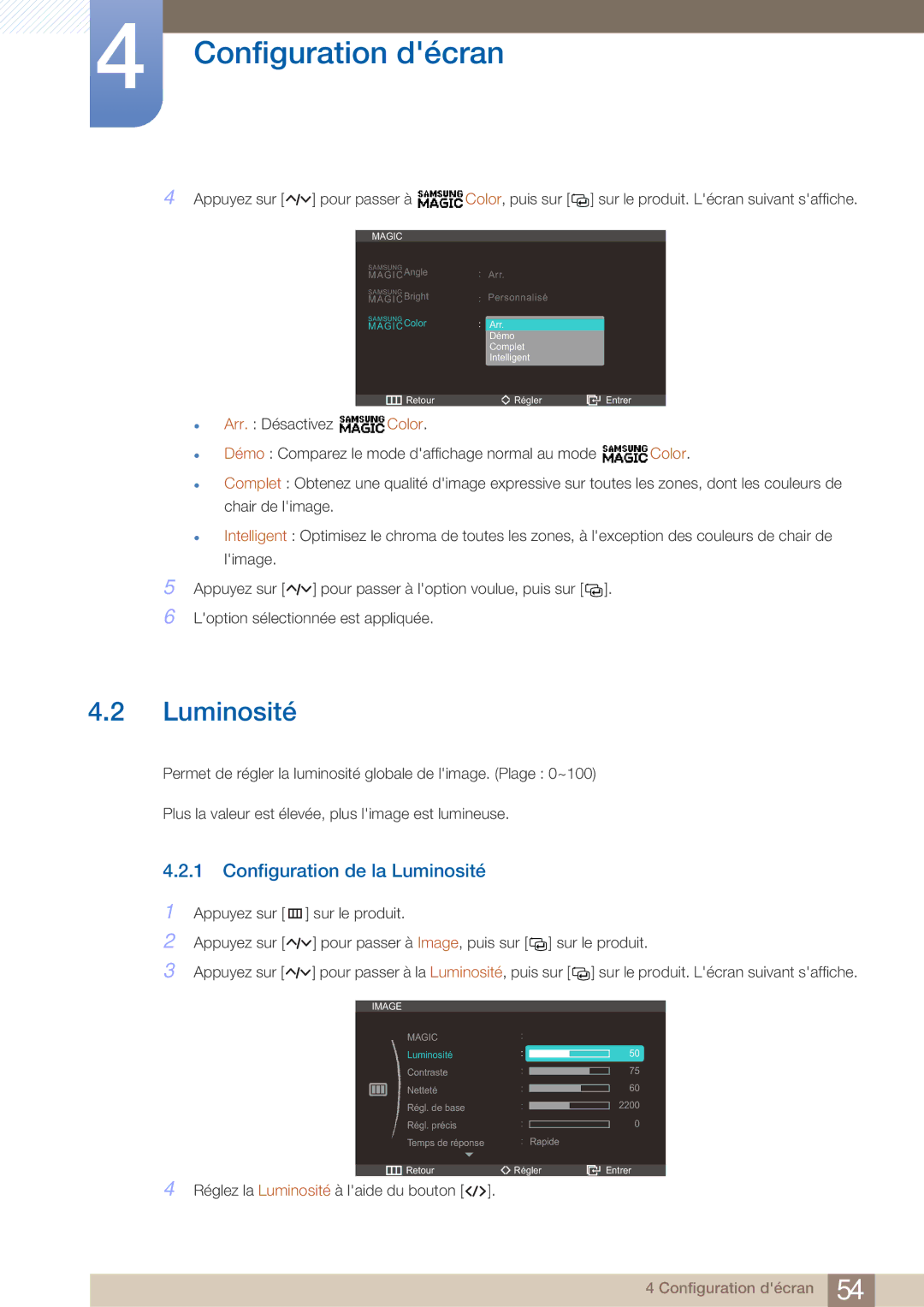 Samsung LC23A750XS/EN, LC27A750XS/EN manual Configuration de la Luminosité 