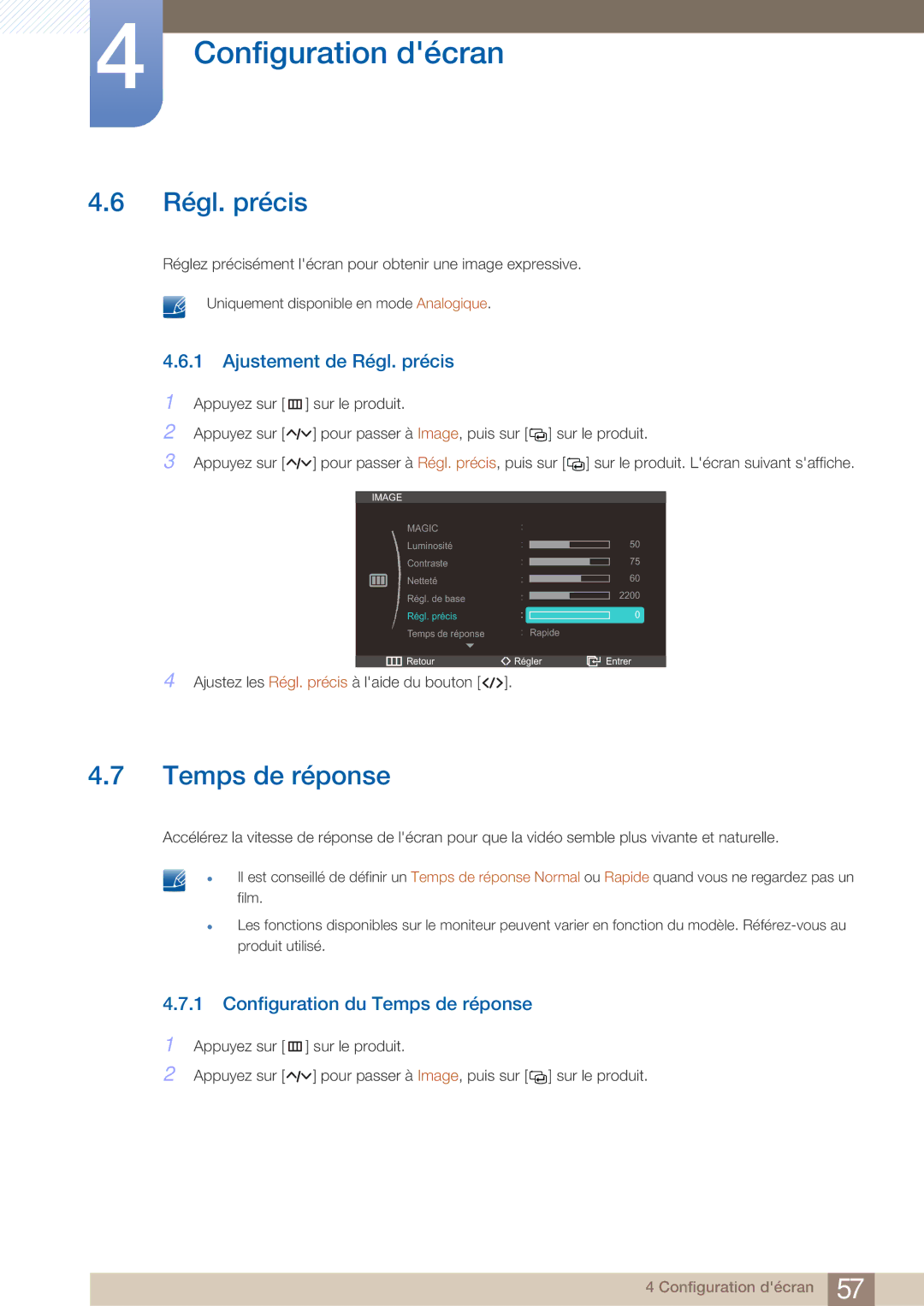 Samsung LC27A750XS/EN, LC23A750XS/EN manual Ajustement de Régl. précis, Configuration du Temps de réponse 