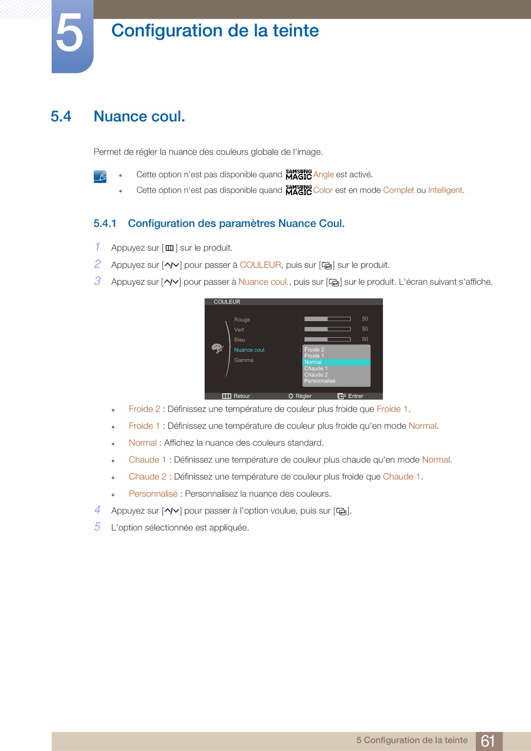 Samsung LC27A750XS/EN, LC23A750XS/EN manual Nuance coul, Configuration des paramètres Nuance Coul 