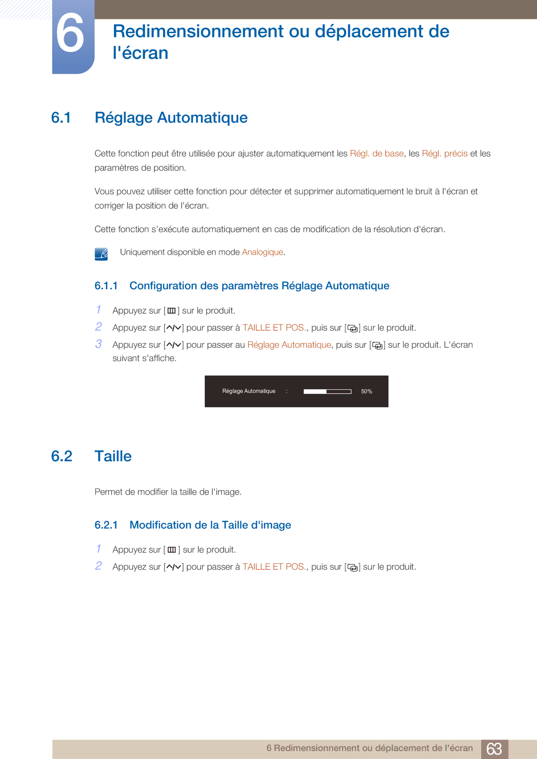 Samsung LC27A750XS/EN, LC23A750XS/EN manual Redimensionnementlécranou déplacement de, Réglage Automatique, Taille 