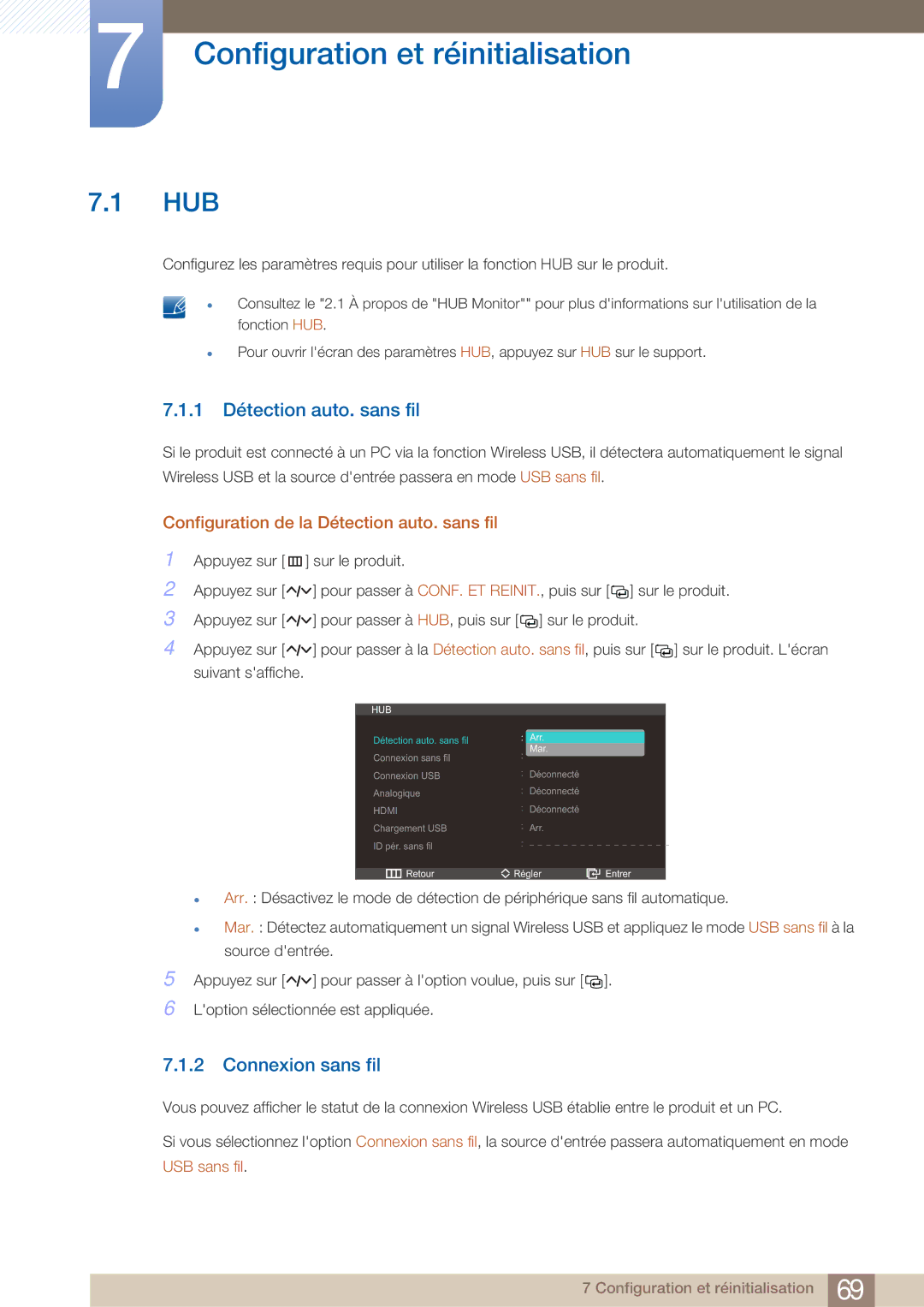 Samsung LC27A750XS/EN manual Configuration et réinitialisation, Hub, 1 Détection auto. sans fil, Connexion sans fil 