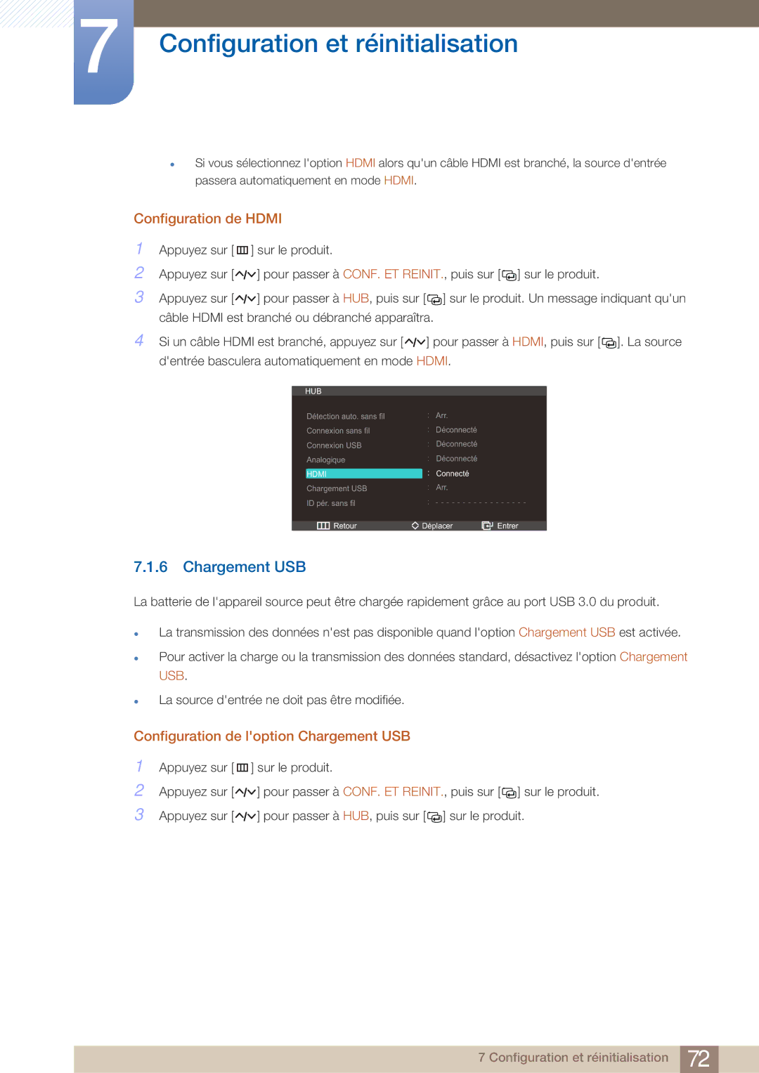 Samsung LC23A750XS/EN, LC27A750XS/EN manual Configuration de Hdmi, Configuration de loption Chargement USB 