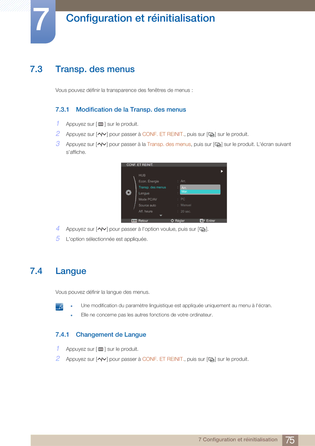 Samsung LC27A750XS/EN, LC23A750XS/EN manual Modification de la Transp. des menus, Changement de Langue 