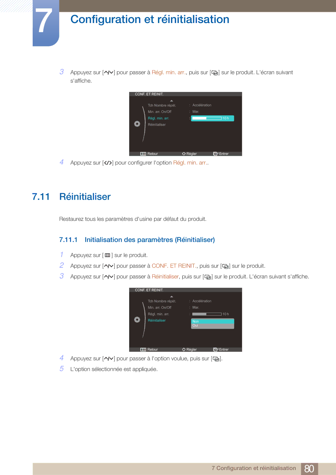 Samsung LC23A750XS/EN, LC27A750XS/EN manual 11 Réinitialiser, Initialisation des paramètres Réinitialiser 