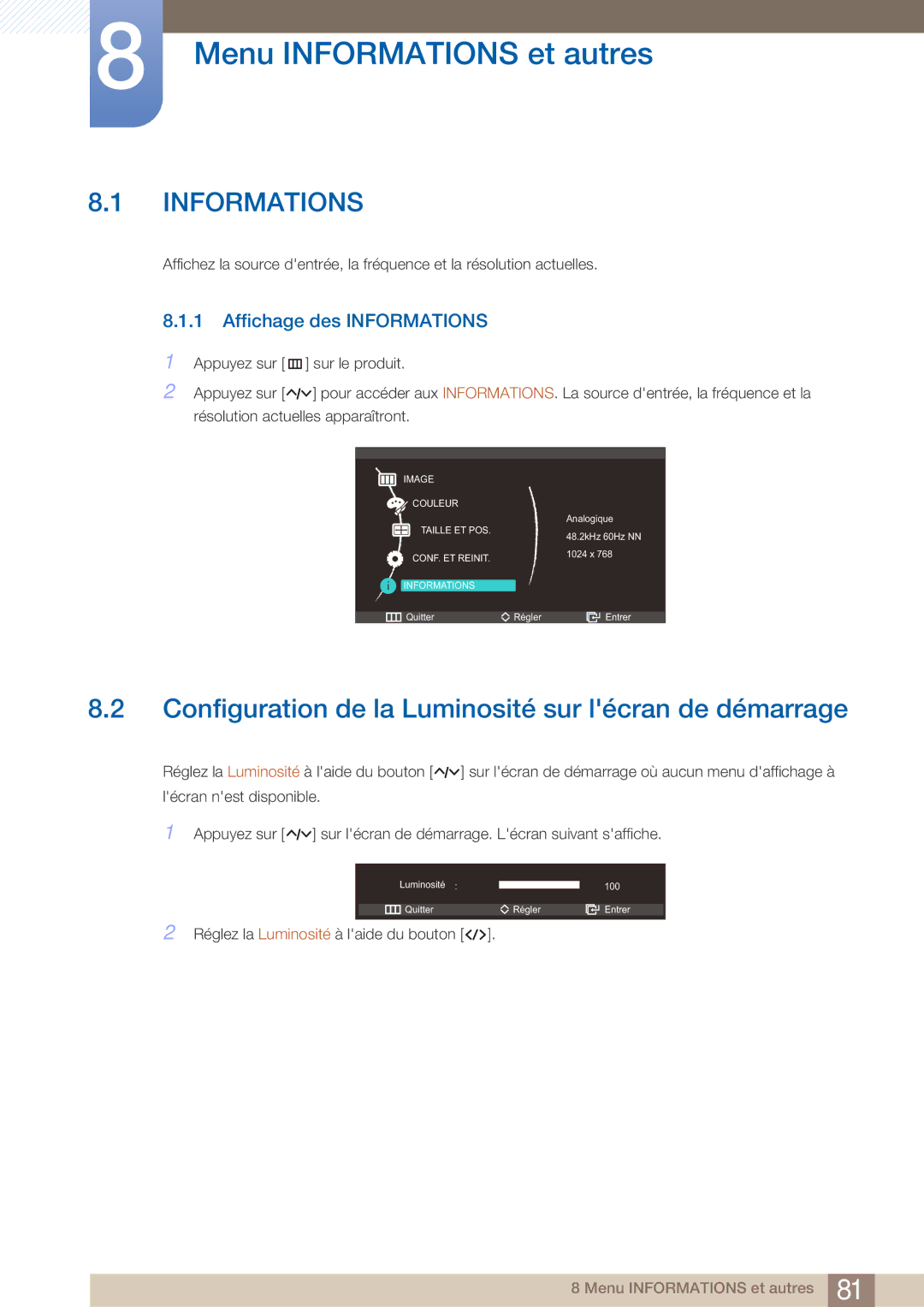 Samsung LC27A750XS/EN, LC23A750XS/EN Menu Informations et autres, Configuration de la Luminosité sur lécran de démarrage 