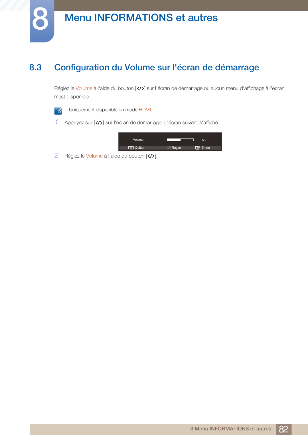 Samsung LC23A750XS/EN, LC27A750XS/EN manual Configuration du Volume sur lécran de démarrage 