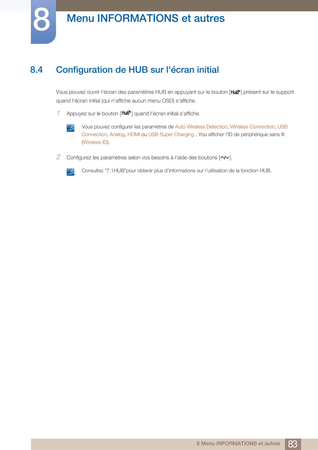 Samsung LC27A750XS/EN, LC23A750XS/EN manual Configuration de HUB sur lécran initial 