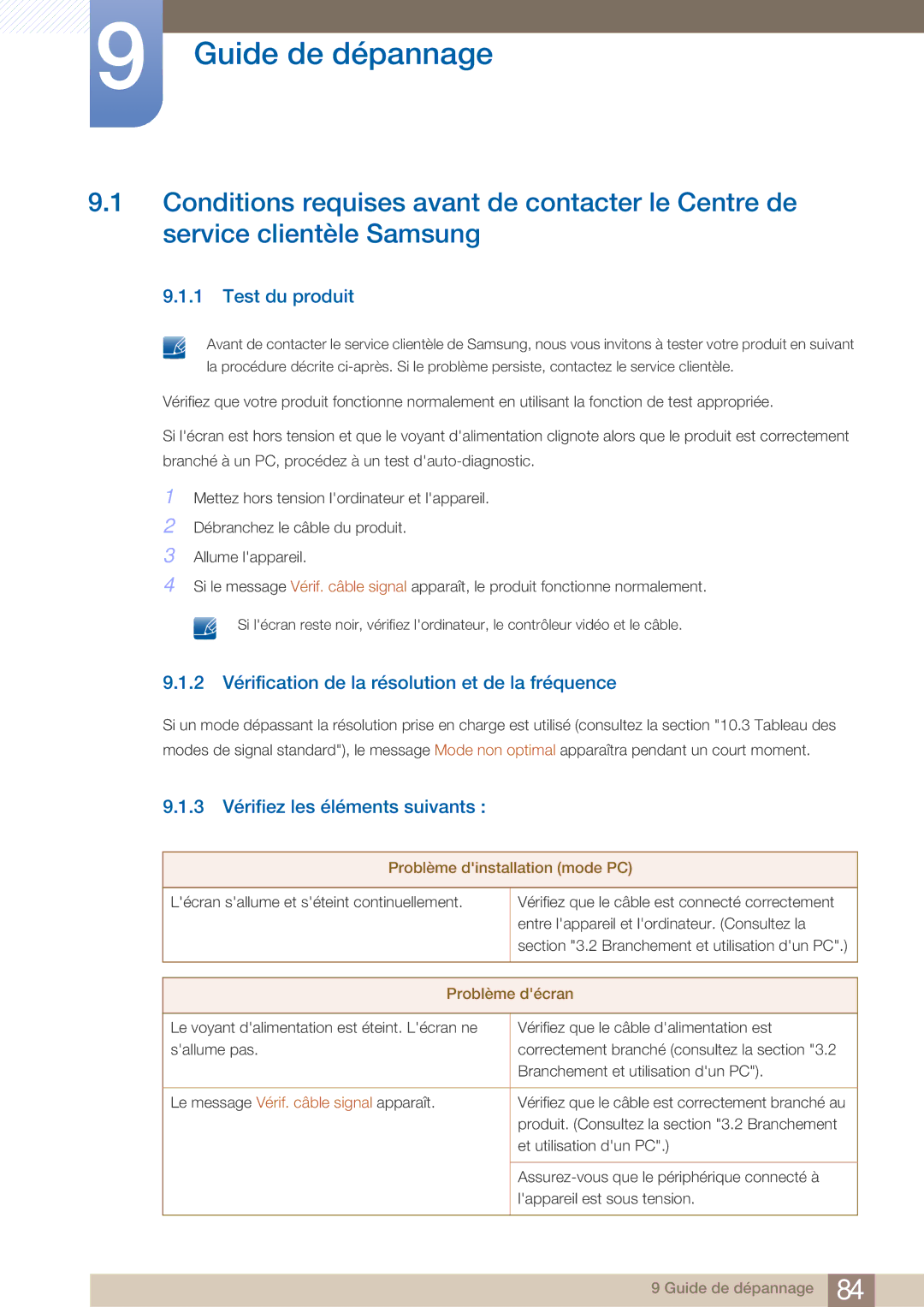 Samsung LC23A750XS/EN manual Guide de dépannage, Test du produit, 2 Vérification de la résolution et de la fréquence 