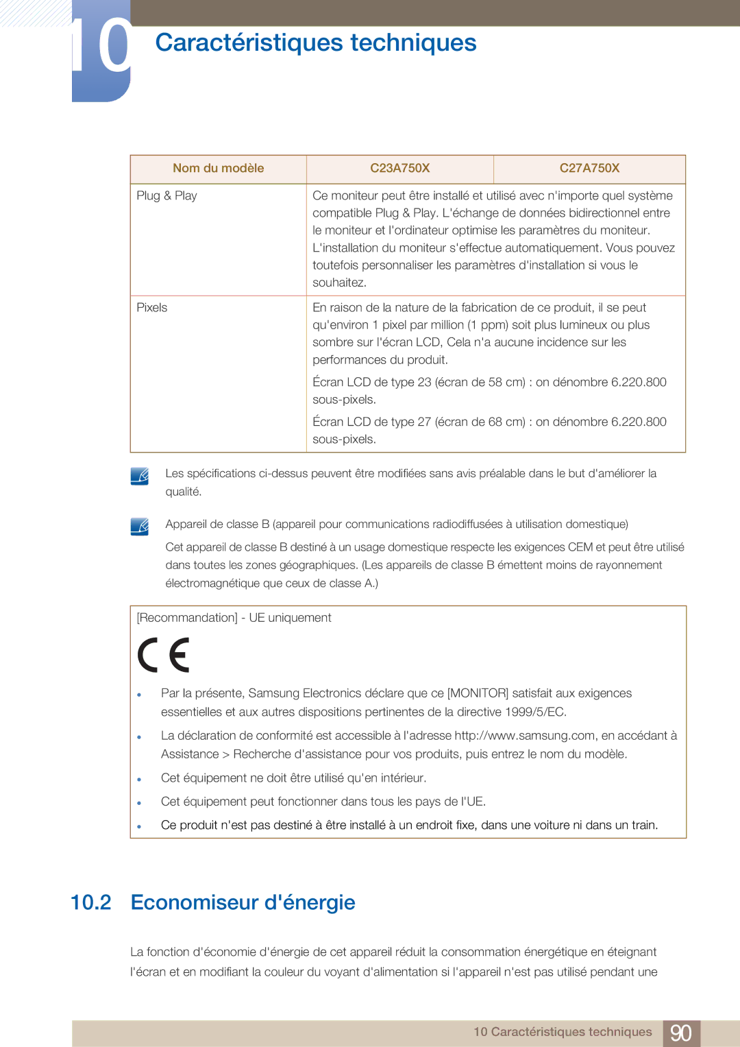 Samsung LC23A750XS/EN, LC27A750XS/EN manual Economiseur dénergie 