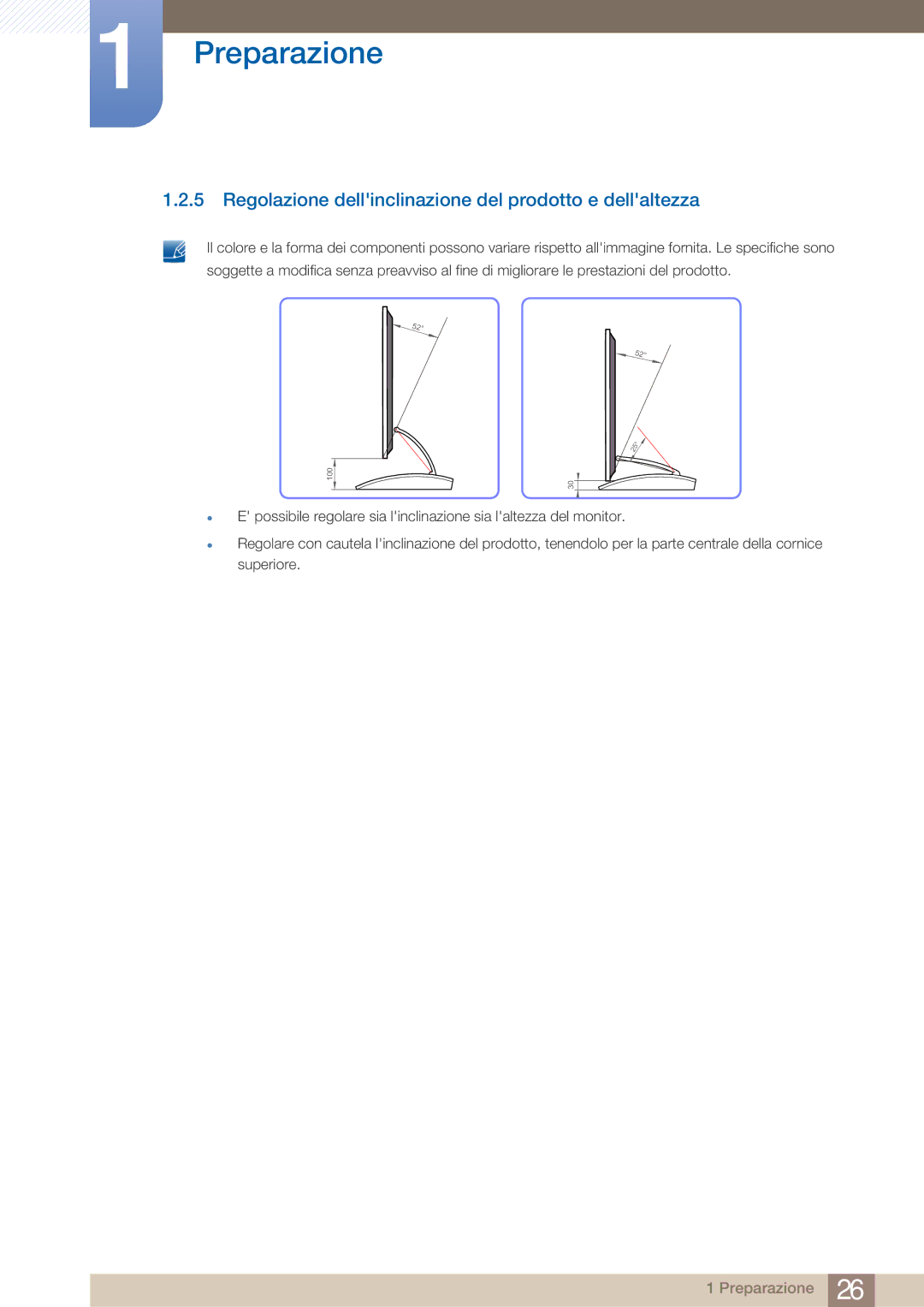 Samsung LC23A750XS/EN, LC27A750XS/EN manual Regolazione dellinclinazione del prodotto e dellaltezza 