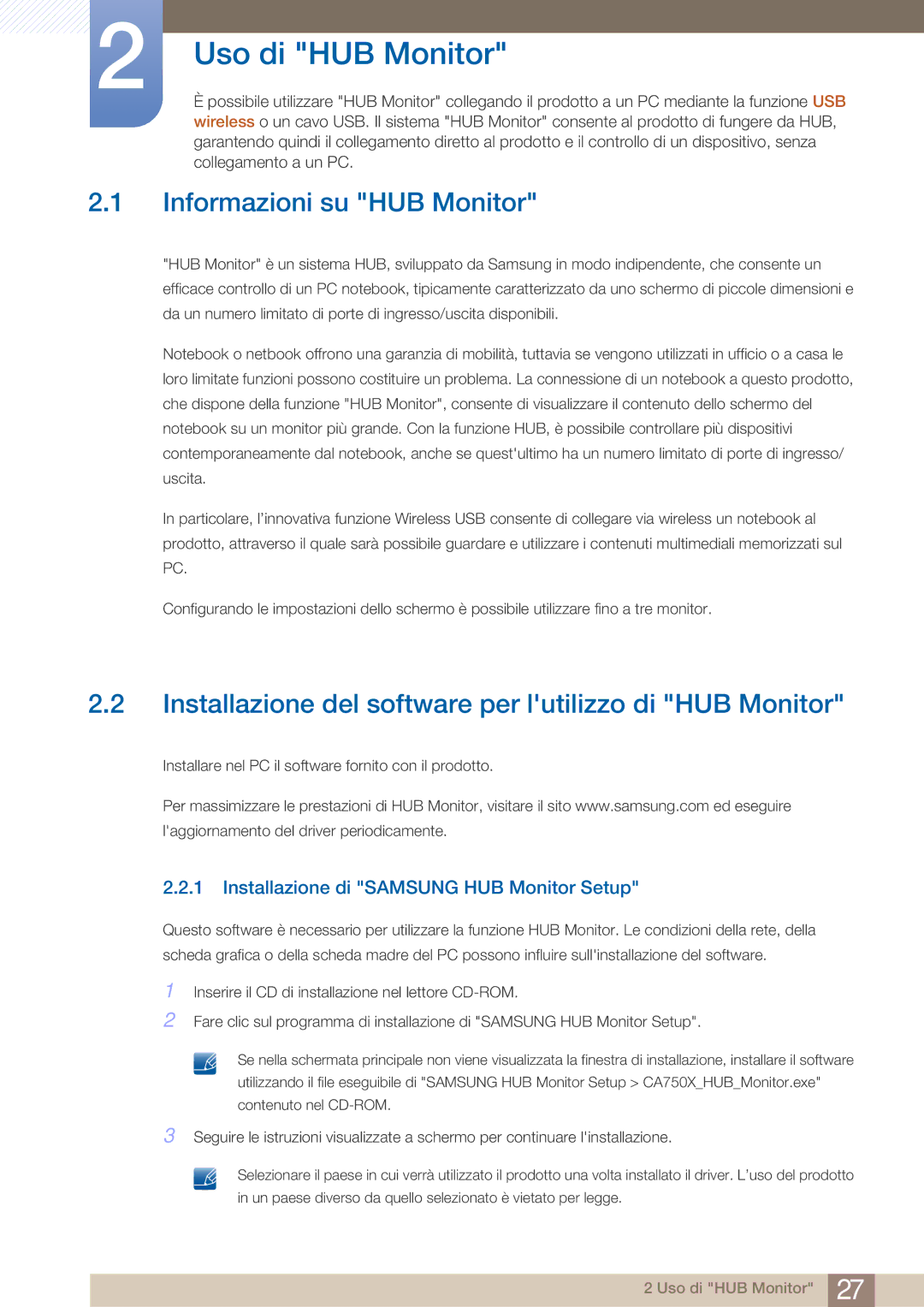 Samsung LC27A750XS/EN manual Uso di HUB Monitor, Informazioni su HUB Monitor, Installazione di Samsung HUB Monitor Setup 