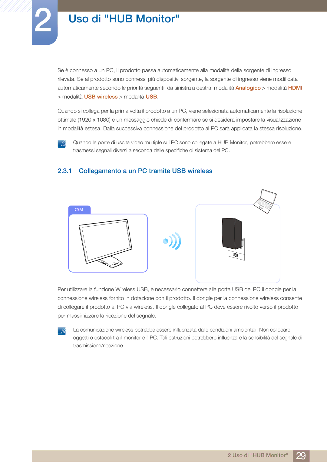 Samsung LC27A750XS/EN, LC23A750XS/EN manual Collegamento a un PC tramite USB wireless 