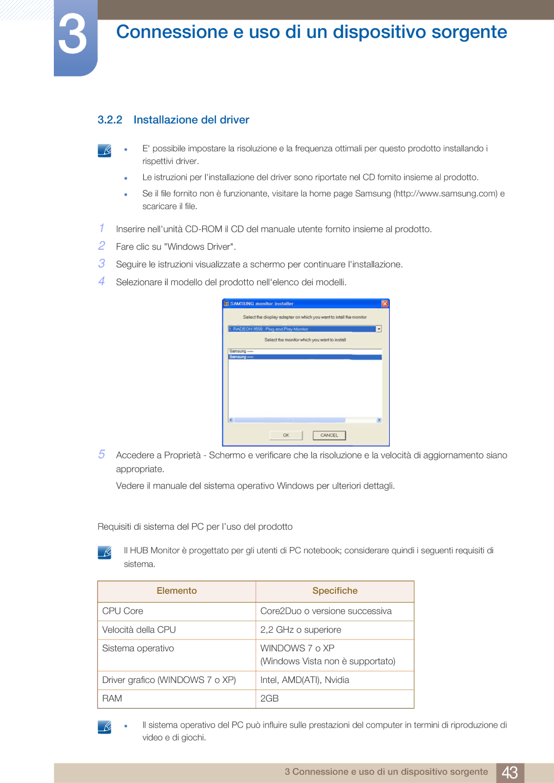 Samsung LC27A750XS/EN, LC23A750XS/EN manual Installazione del driver, Elemento Specifiche 