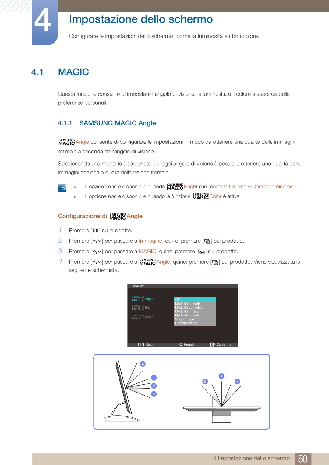 Samsung LC23A750XS/EN, LC27A750XS/EN manual Impostazione dello schermo, Samsung Magic Angle, Configurazione di Angle 