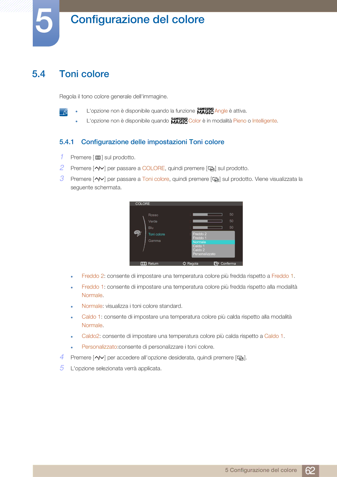 Samsung LC23A750XS/EN, LC27A750XS/EN manual Configurazione delle impostazioni Toni colore 