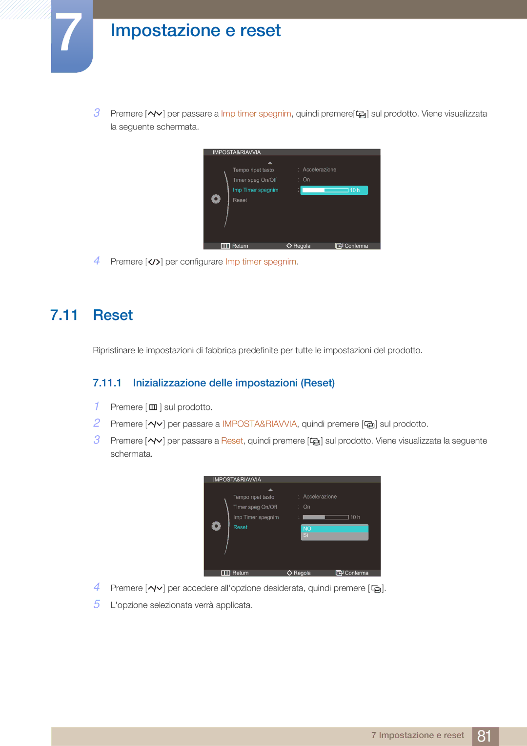 Samsung LC27A750XS/EN, LC23A750XS/EN manual Inizializzazione delle impostazioni Reset 