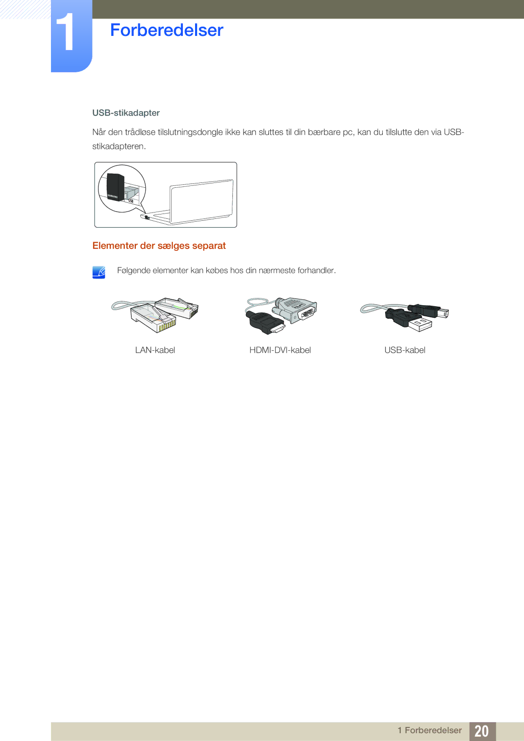 Samsung LC23A750XS/EN, LC27A750XS/EN manual Elementer der sælges separat, USB-stikadapter 