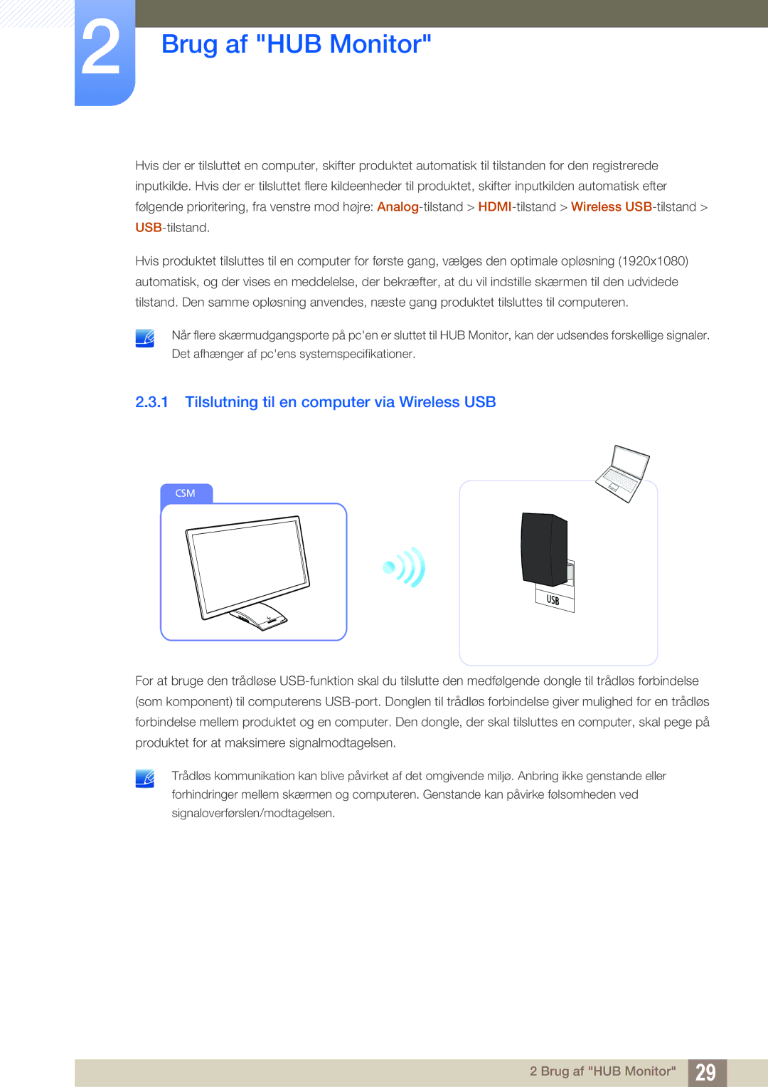 Samsung LC27A750XS/EN, LC23A750XS/EN manual Tilslutning til en computer via Wireless USB 