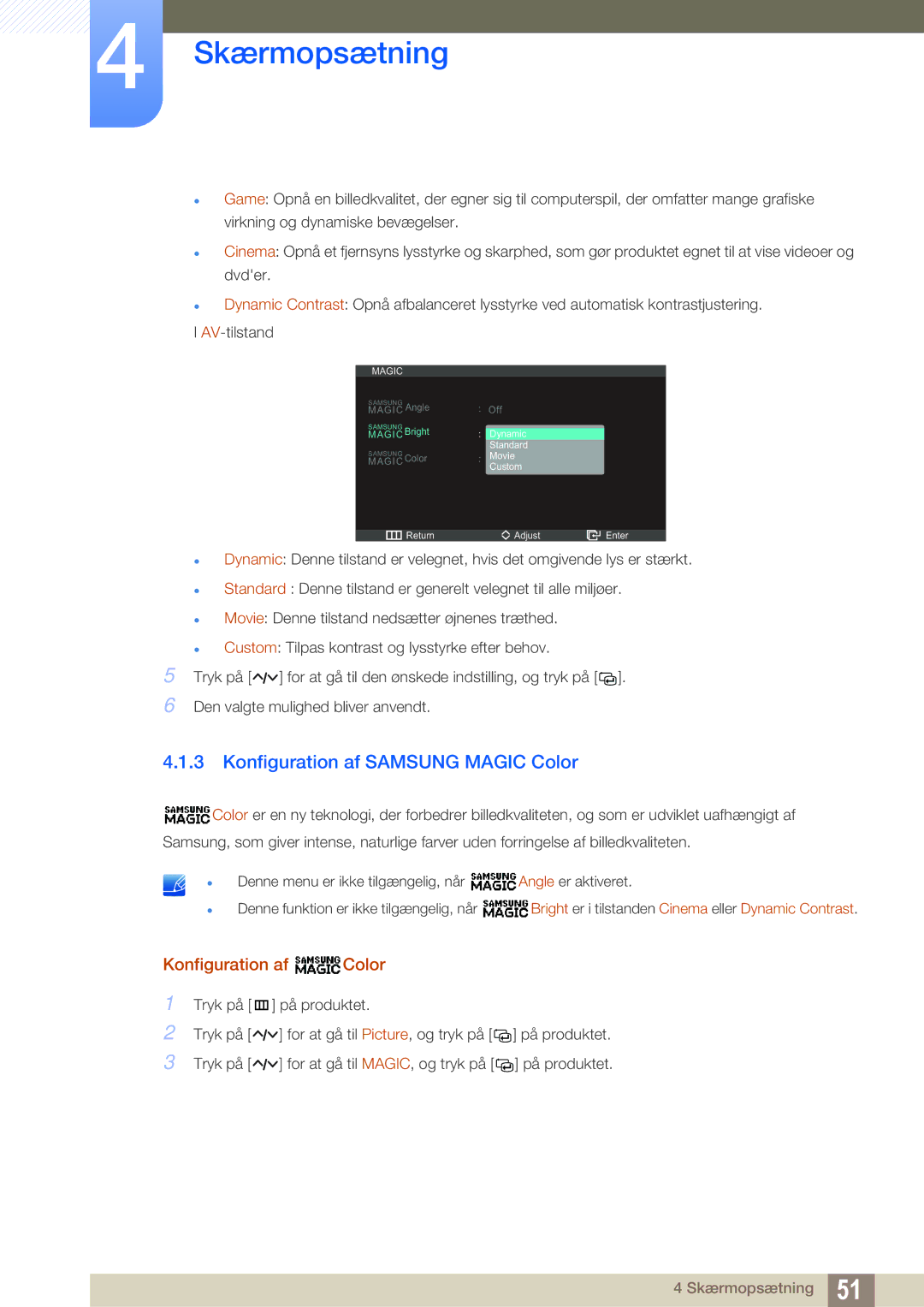 Samsung LC27A750XS/EN, LC23A750XS/EN manual Konfiguration af Samsung Magic Color, Konfiguration af Color 