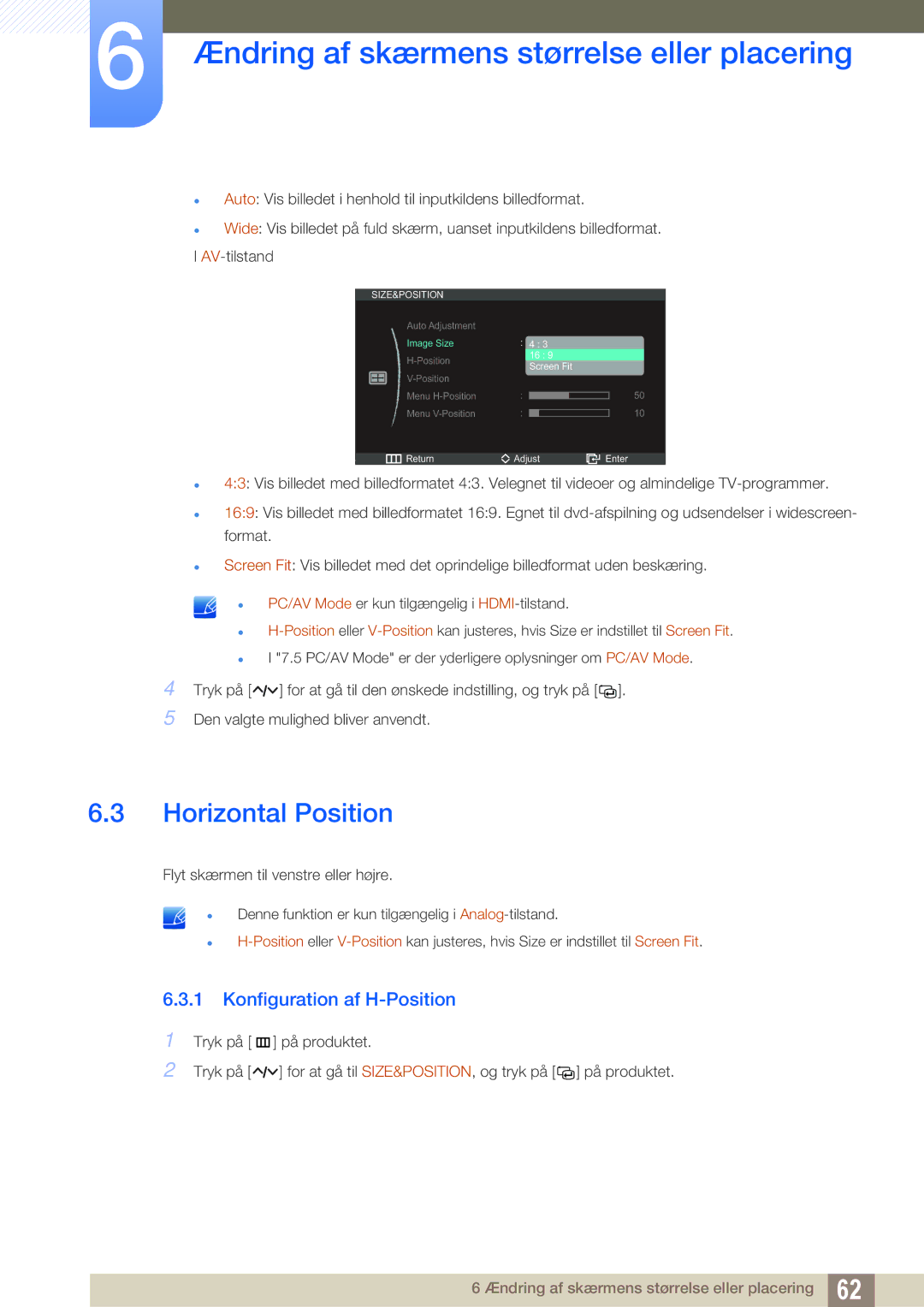 Samsung LC23A750XS/EN, LC27A750XS/EN manual Horizontal Position, Konfiguration af H-Position 