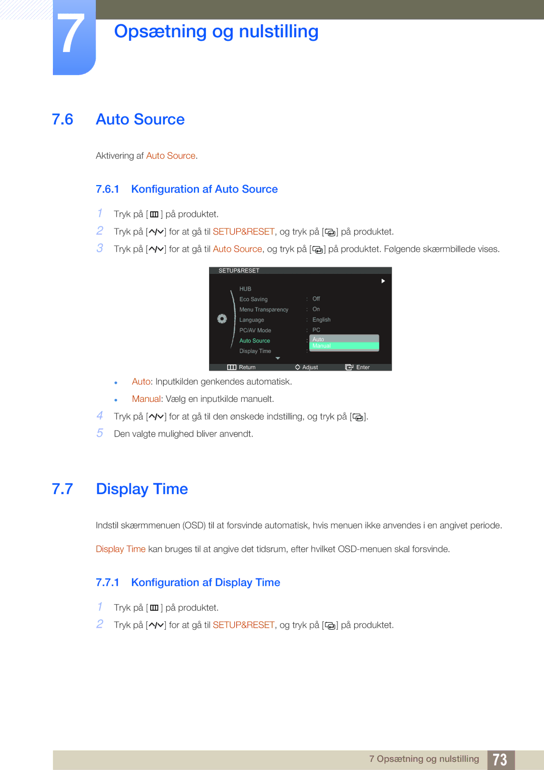 Samsung LC27A750XS/EN, LC23A750XS/EN manual Konfiguration af Auto Source, Konfiguration af Display Time 