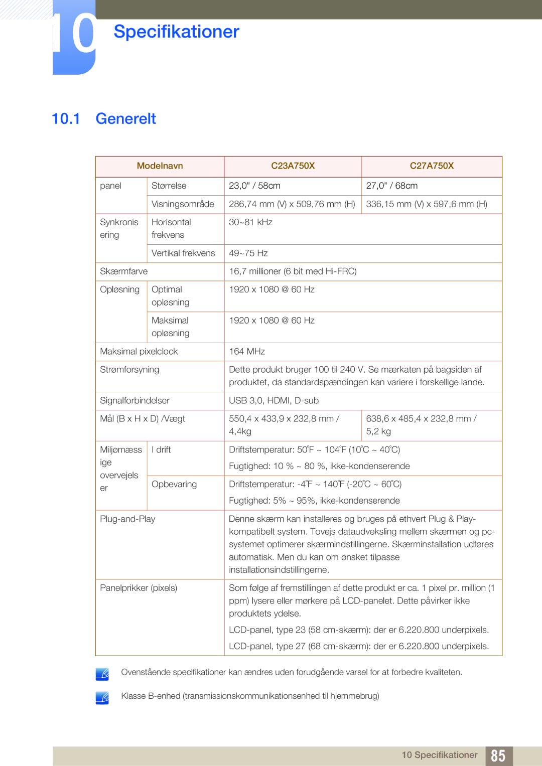 Samsung LC27A750XS/EN, LC23A750XS/EN manual Specifikationer, Generelt 