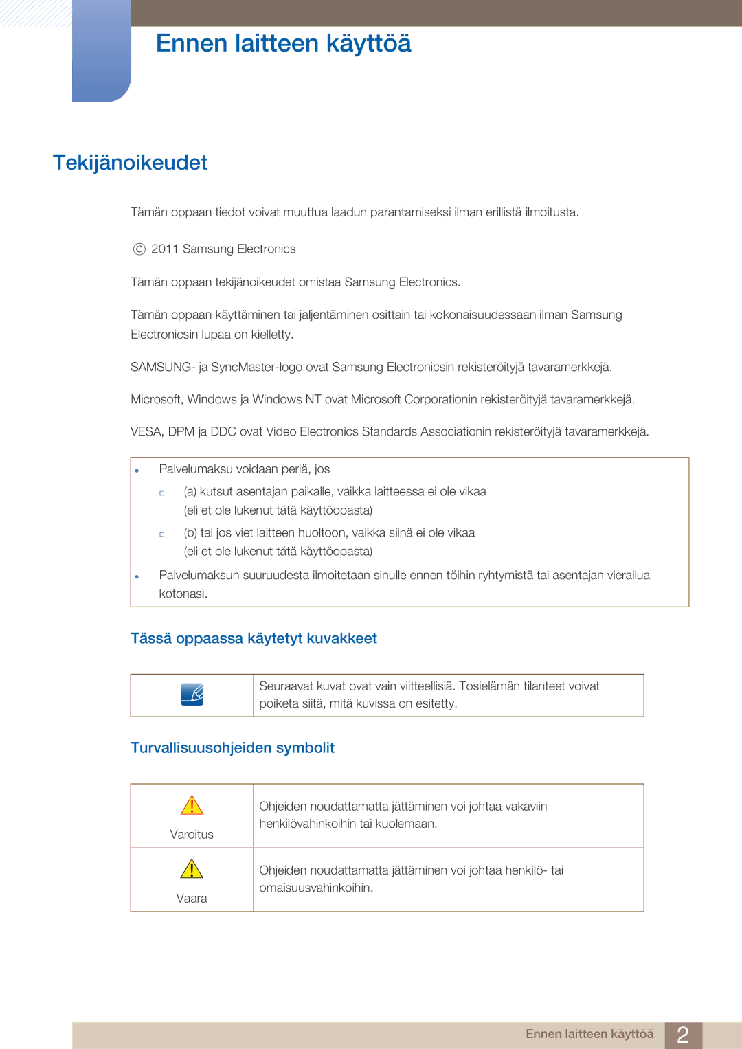 Samsung LC23A750XS/EN, LC27A750XS/EN manual Ennen laitteen käyttöä, Tekijänoikeudet, Tässä oppaassa käytetyt kuvakkeet 