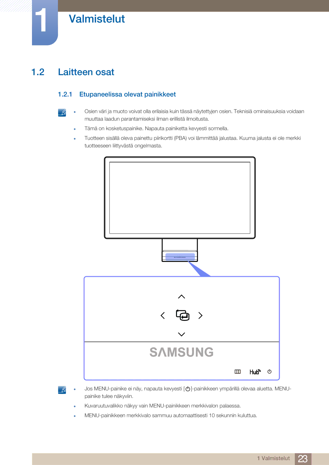 Samsung LC27A750XS/EN, LC23A750XS/EN manual Laitteen osat, Etupaneelissa olevat painikkeet 