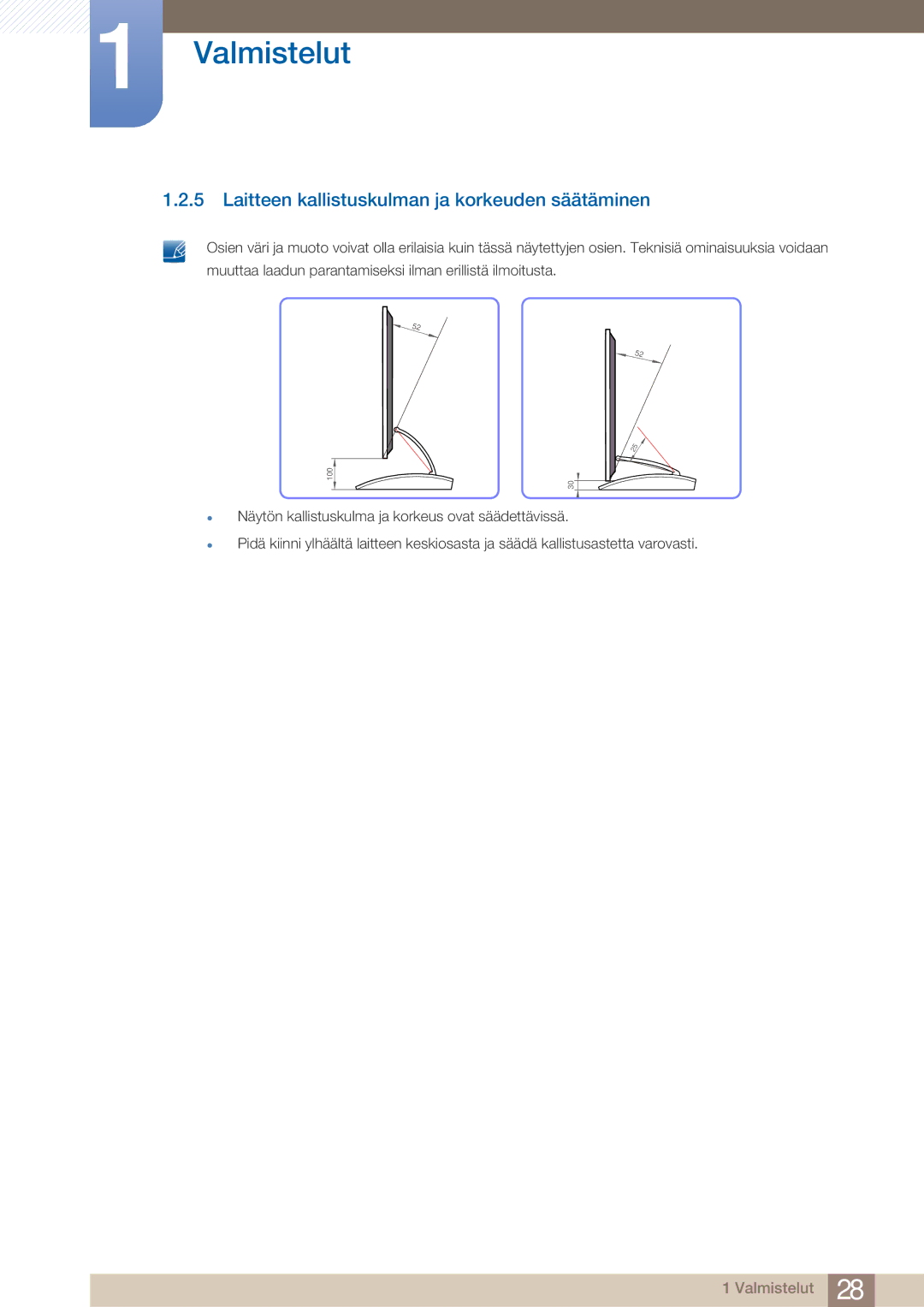 Samsung LC23A750XS/EN, LC27A750XS/EN manual Laitteen kallistuskulman ja korkeuden säätäminen 