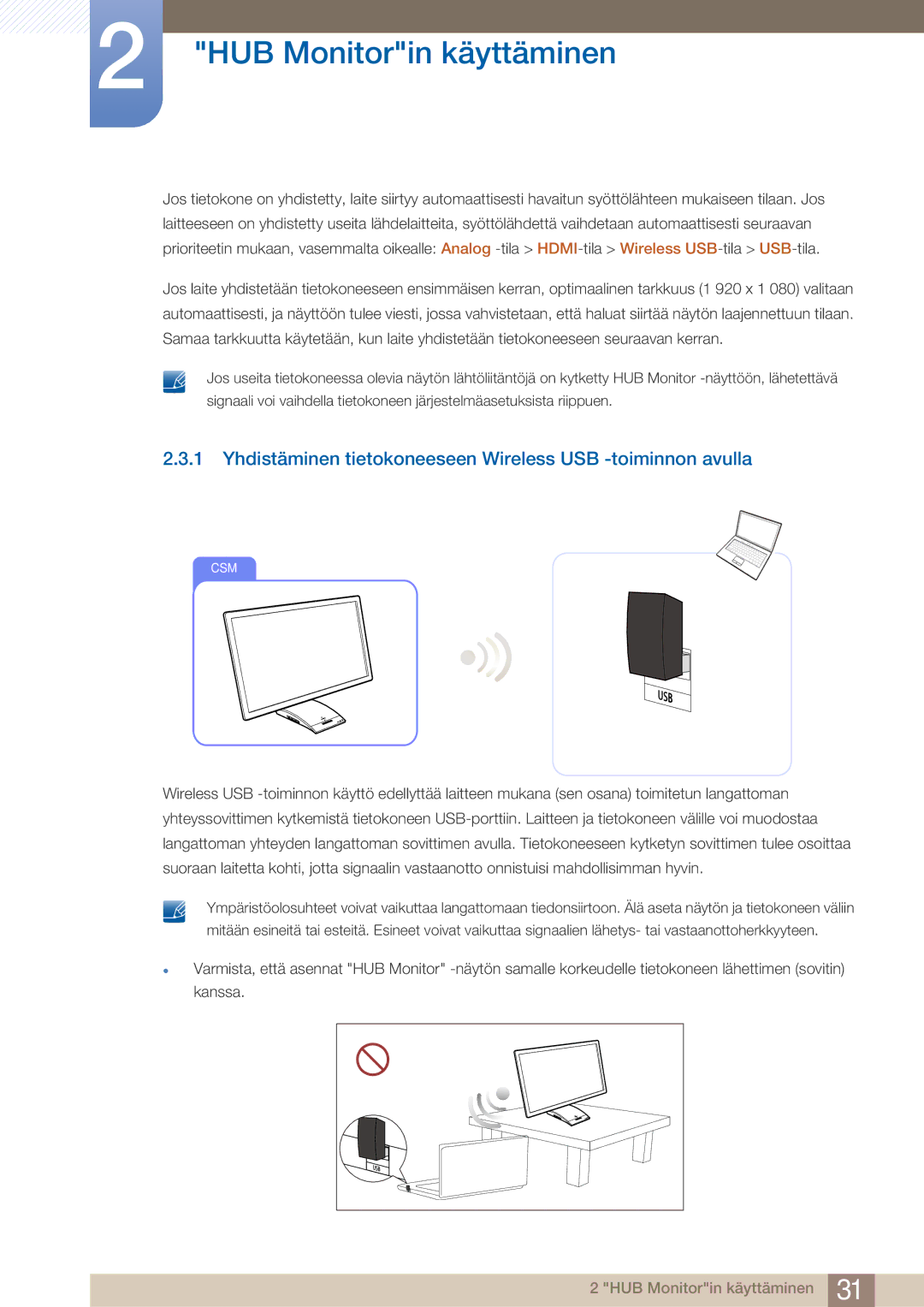 Samsung LC27A750XS/EN, LC23A750XS/EN manual Yhdistäminen tietokoneeseen Wireless USB -toiminnon avulla 