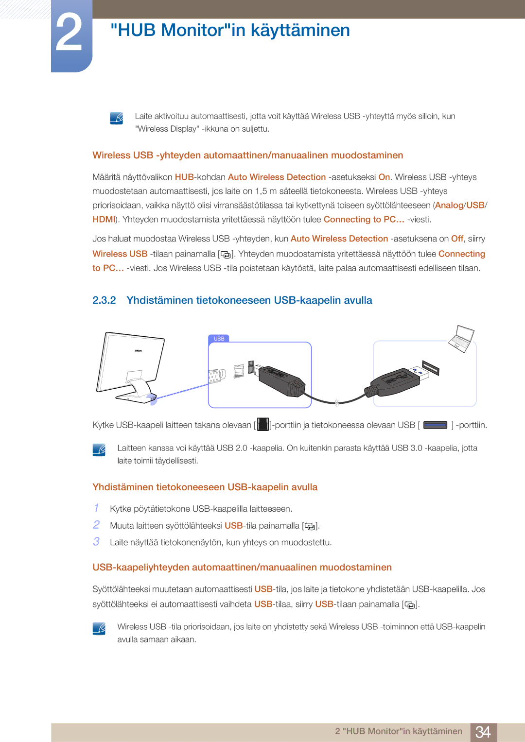 Samsung LC23A750XS/EN, LC27A750XS/EN manual Yhdistäminen tietokoneeseen USB-kaapelin avulla 