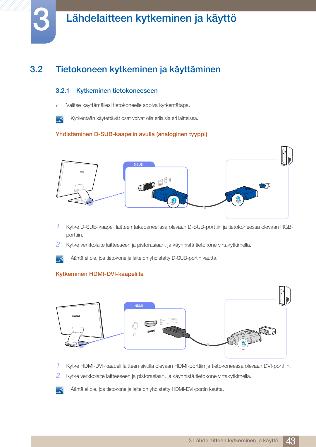 Samsung LC27A750XS/EN Tietokoneen kytkeminen ja käyttäminen, Kytkeminen tietokoneeseen, Kytkeminen HDMI-DVI-kaapelilla 