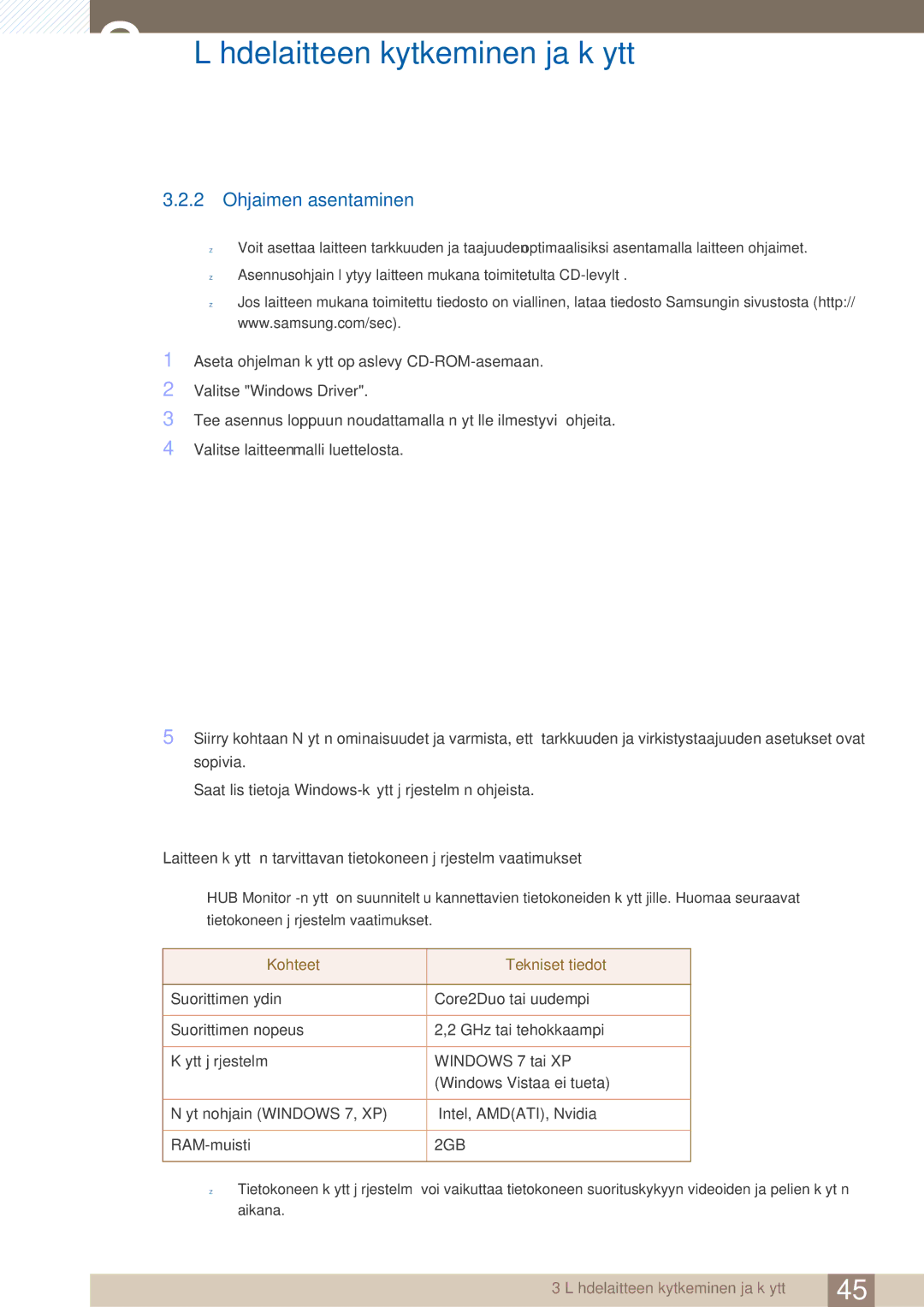 Samsung LC27A750XS/EN, LC23A750XS/EN manual Ohjaimen asentaminen, Kohteet Tekniset tiedot 