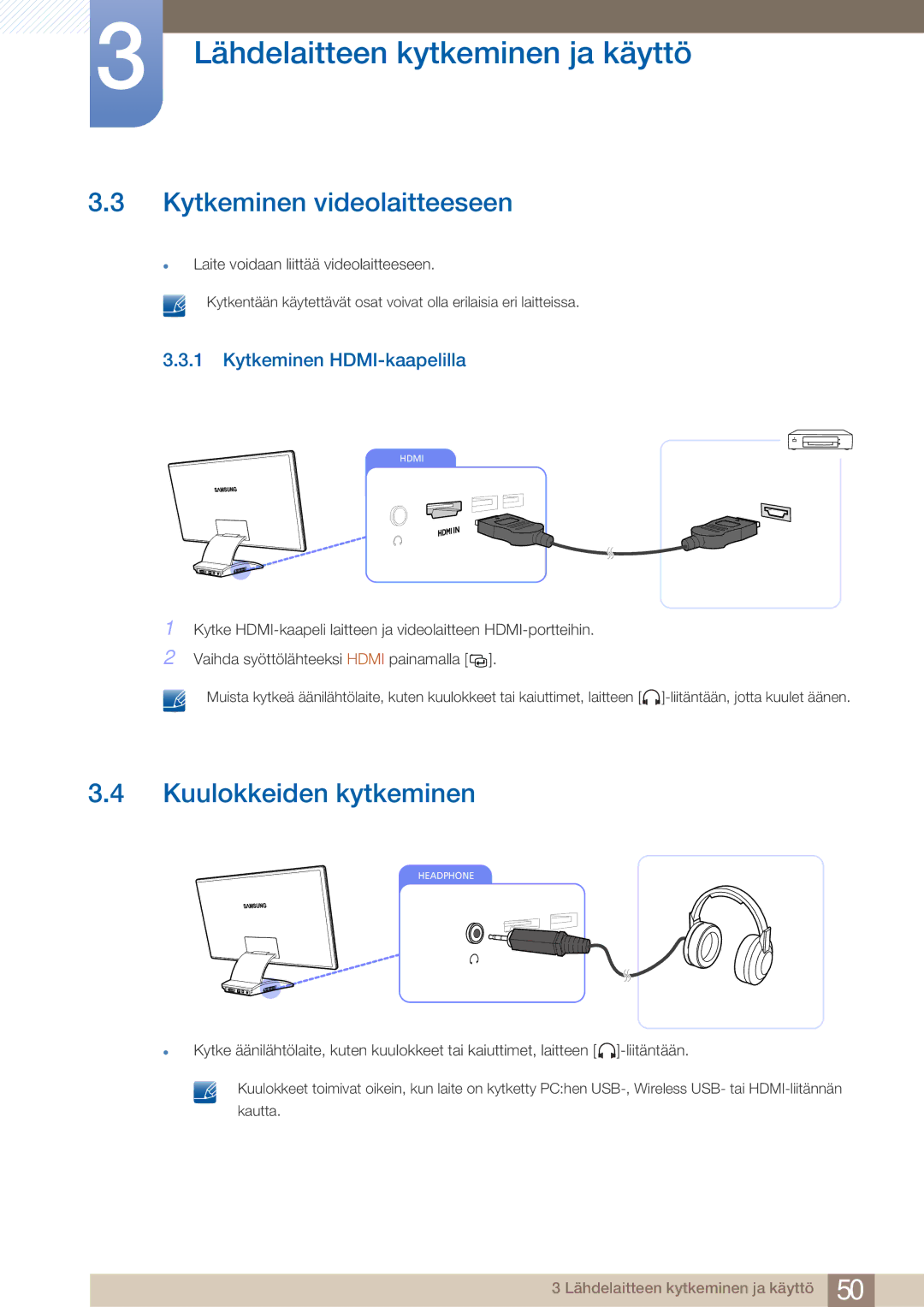 Samsung LC23A750XS/EN, LC27A750XS/EN manual Kytkeminen videolaitteeseen, Kuulokkeiden kytkeminen, Kytkeminen HDMI-kaapelilla 