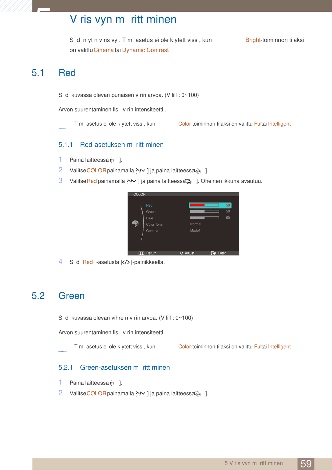 Samsung LC27A750XS/EN manual Värisävyn määrittäminen, Red-asetuksen määrittäminen, Green-asetuksen määrittäminen 