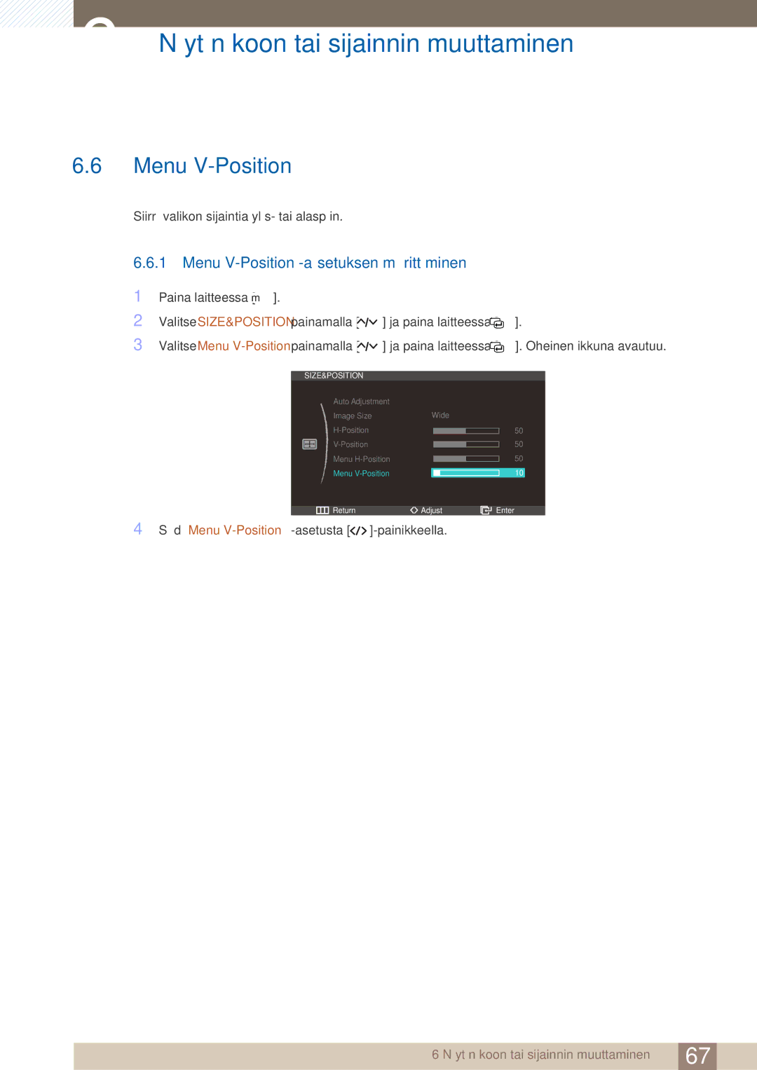 Samsung LC27A750XS/EN, LC23A750XS/EN manual Menu V-Position -asetuksen määrittäminen 