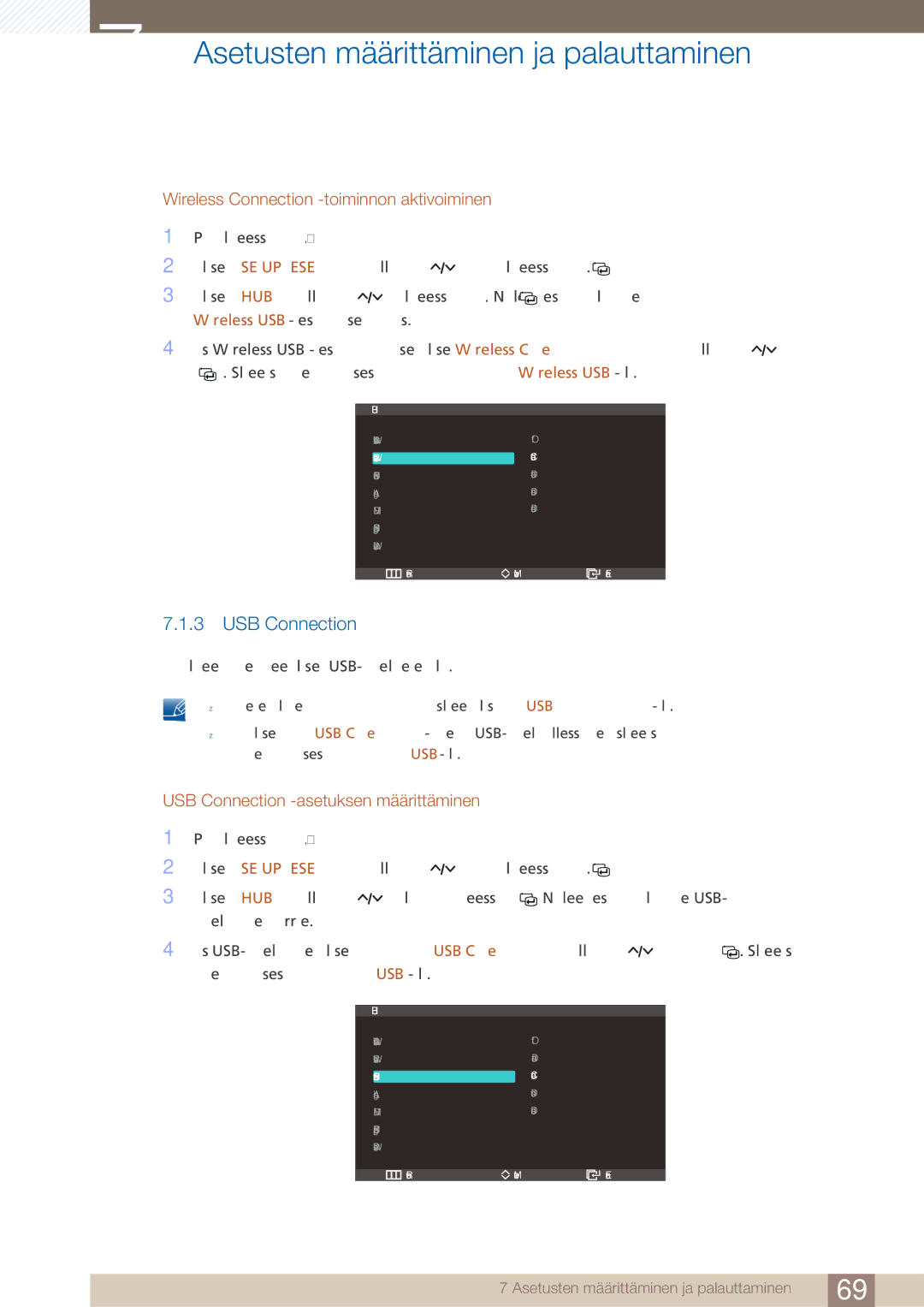 Samsung LC27A750XS/EN manual Wireless Connection -toiminnon aktivoiminen, USB Connection -asetuksen määrittäminen 