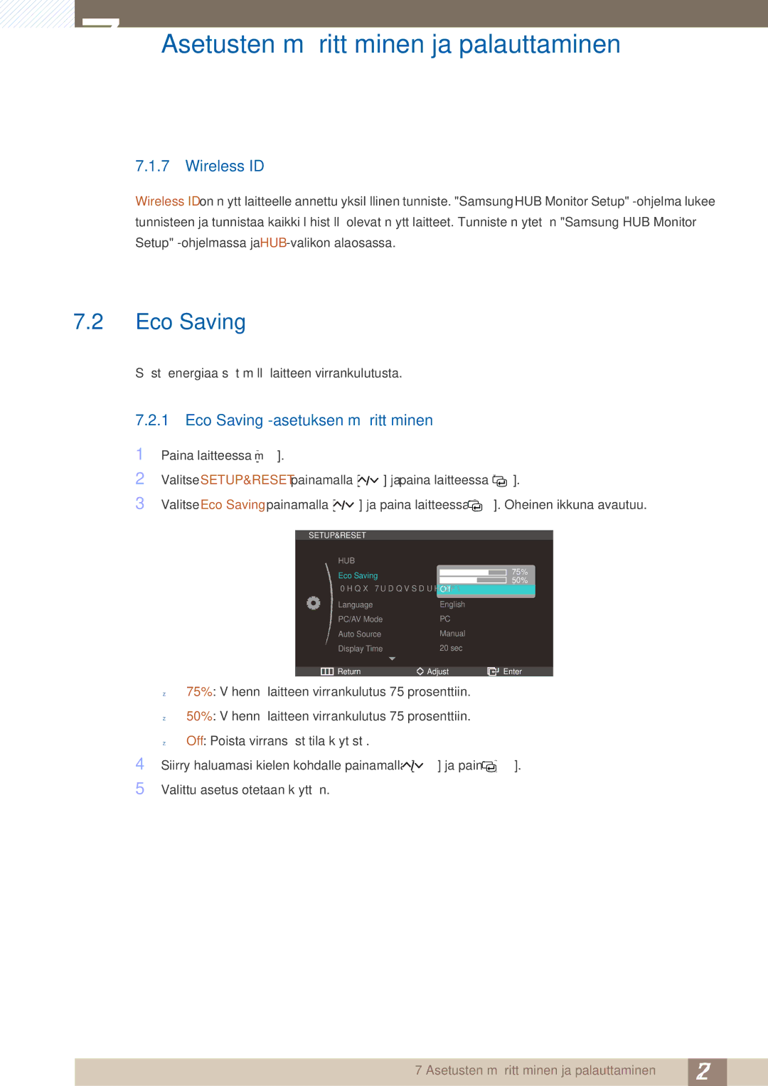 Samsung LC23A750XS/EN, LC27A750XS/EN manual Wireless ID, Eco Saving -asetuksen määrittäminen 