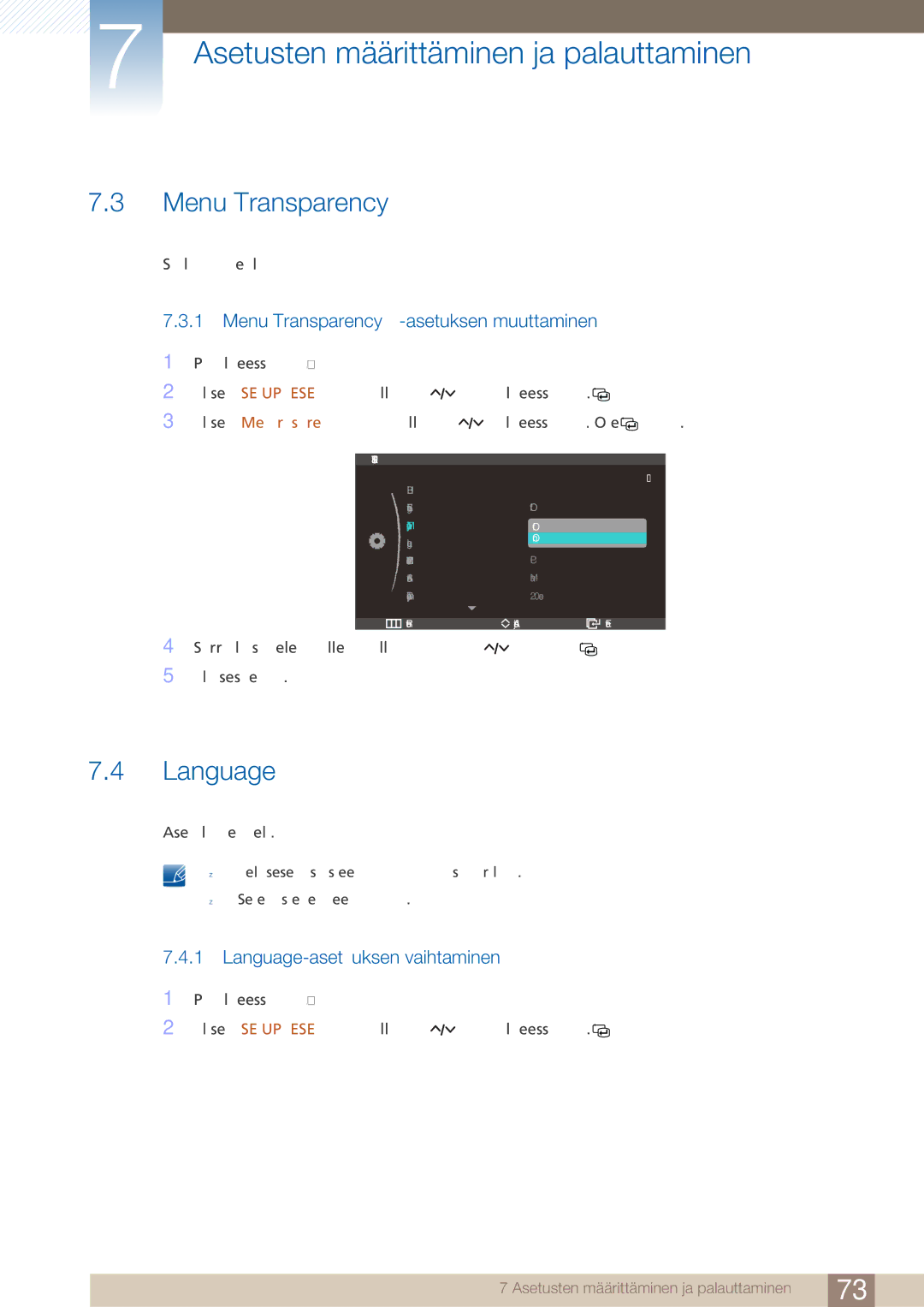 Samsung LC27A750XS/EN, LC23A750XS/EN manual Menu Transparency -asetuksen muuttaminen, Language-asetuksen vaihtaminen 