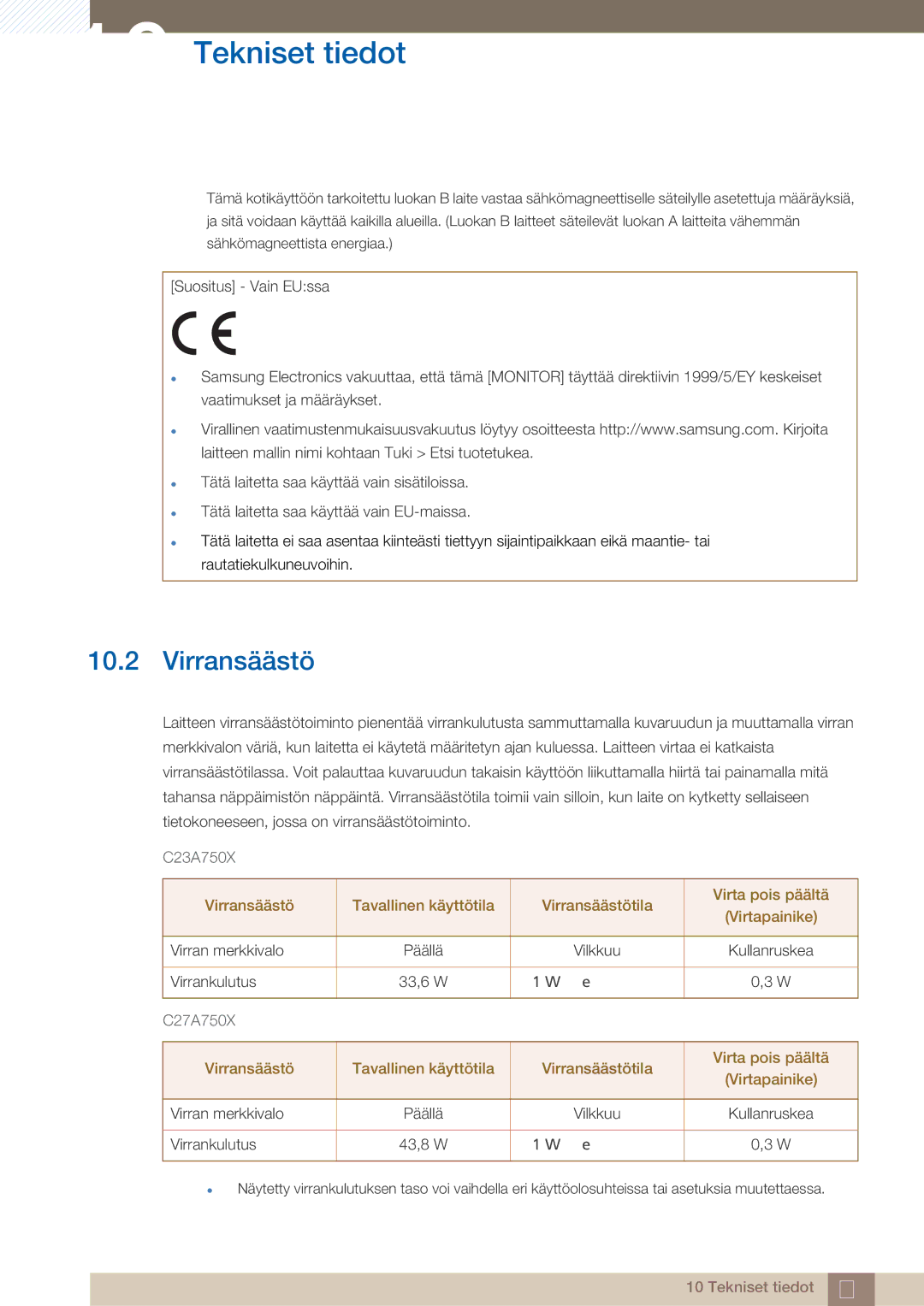 Samsung LC23A750XS/EN, LC27A750XS/EN manual Virransäästö 