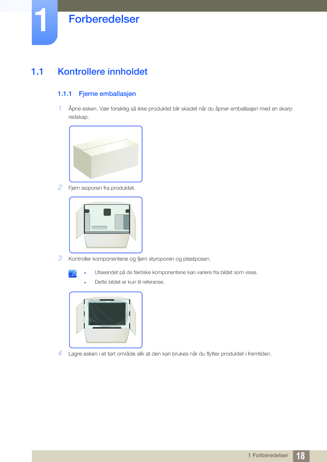 Samsung LC23A750XS/EN, LC27A750XS/EN manual Forberedelser, Kontrollere innholdet, Fjerne emballasjen 