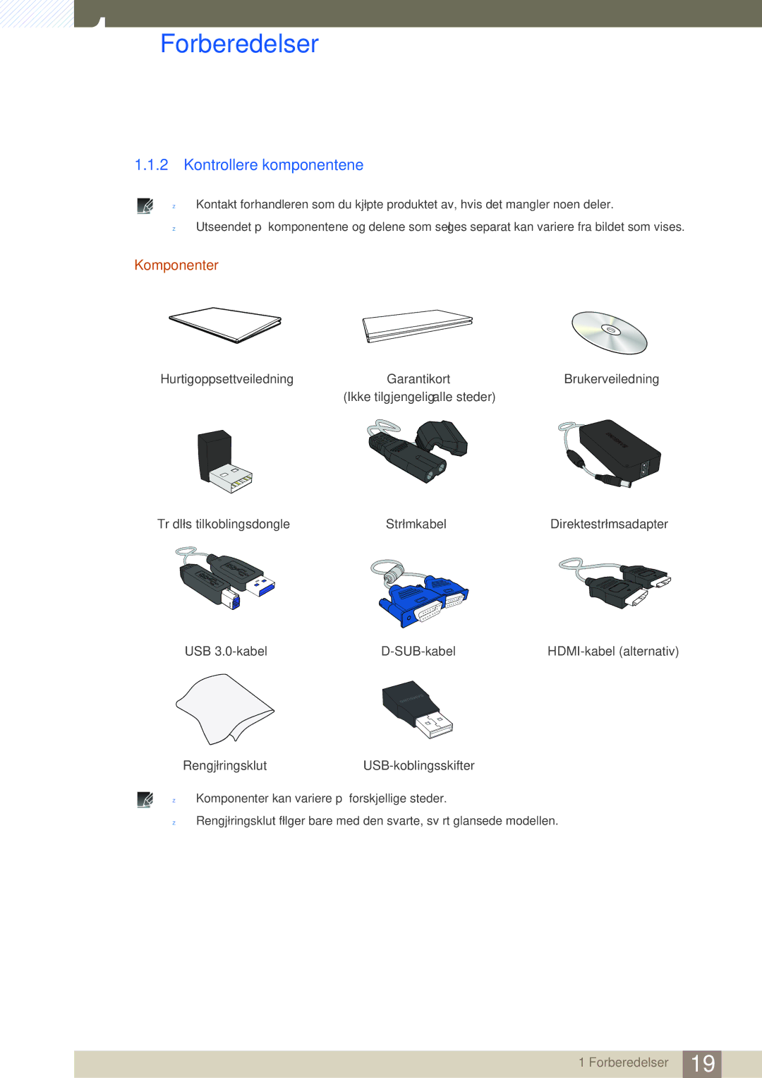 Samsung LC27A750XS/EN, LC23A750XS/EN manual Kontrollere komponentene, Komponenter 